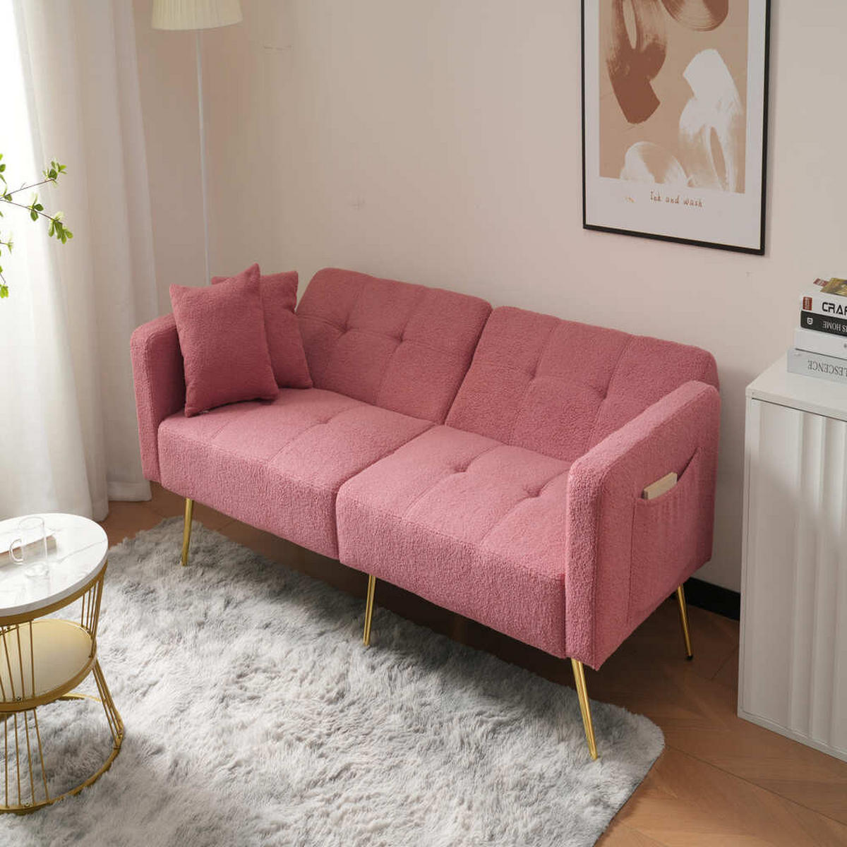 SOFA Schlaffunktion Verstellbar Goldene Beine Aufbewahrungstaschen Kissen - Pink, Holz (90.93/18.42/80.26cm) - FLIEKS