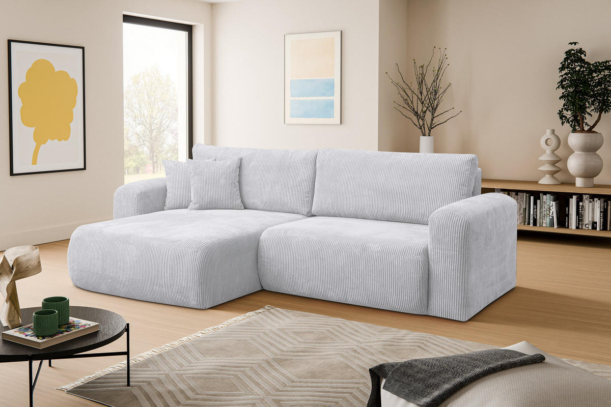 ECKSOFA Roma, Eckcouch in L-Form mit Schlaffunktion und Bettkasten, Farbe: Hellgrau, Cordstoff, Ottomane Universal - Hellgrau, Textil (244/142cm) - VENASI MÖBEL