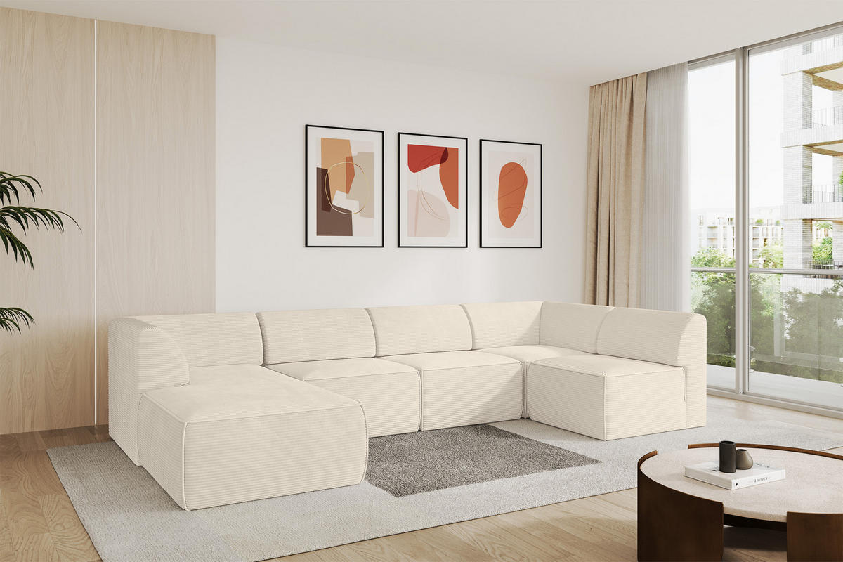WOHNLANDSCHAFT Ottomane Links MOVO-L 345x180x78 cm Beige Cord - Beige, Holzwerkstoff/Kunststoff (345/78/180cm) - ALTDECOR
