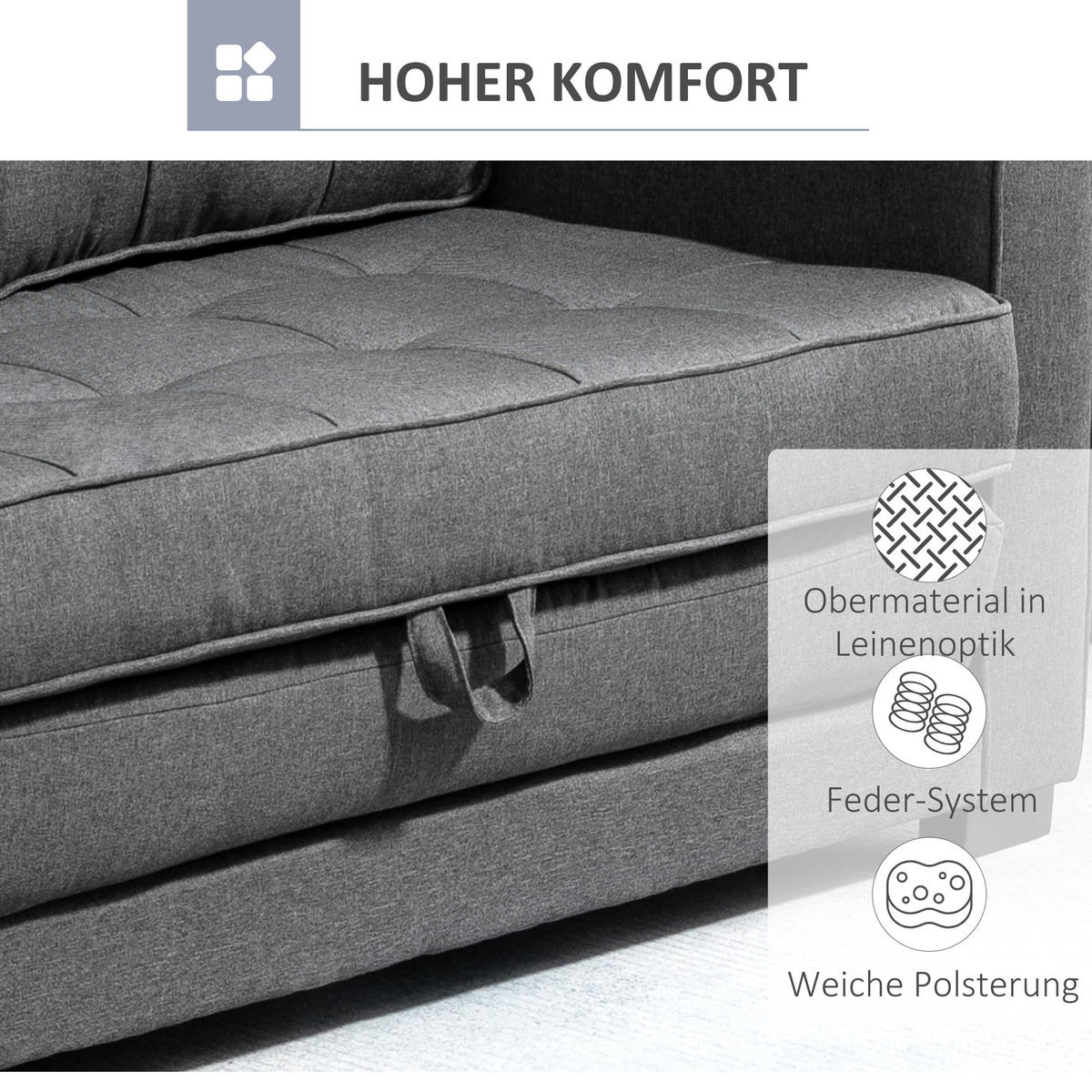 SCHLAFSOFA Klappsofa 2-Sitzer Sofa mit Schlaffunktion Leinen-Touch Holz Grau - Schwarz/Grau, Holz/Textil (75/85/147.5cm) - HOMCOM