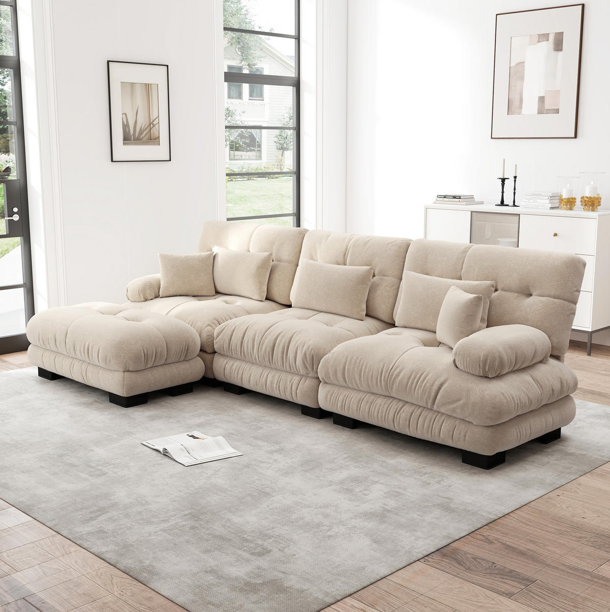 ECKSOFA mit beweglichen Ottomane, tiefem Sitz und Vintage-Chenille-Bezug, Hellkaffee - Cappuccino, Textil (313/145cm) - Redom