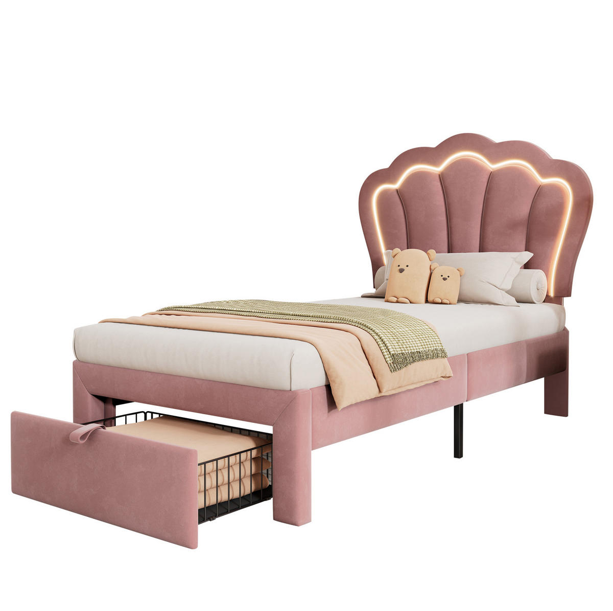 JUGENDBETT 90/190 cm aus Samt mit LED-Beleuchtung, Schublade und höhenverstellbarem Kopfteil Rosa - Rosa, Textil (90/190cm) - Modenvie