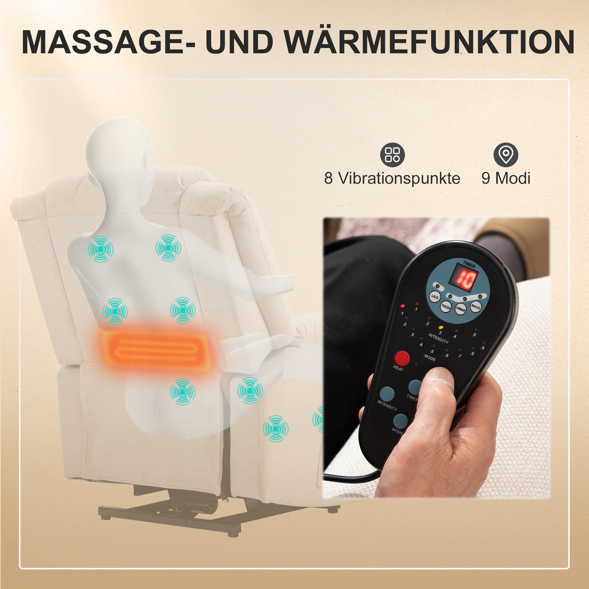 RELAXSESSEL Fernsehsessel Elektrisch Verstellbar Massagesessel mit Aufstehhilfe - Beige, Textil (85/104/91cm) - HOMCOM