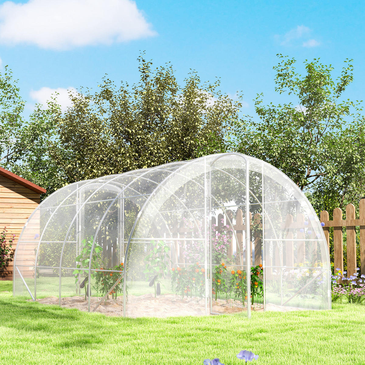 GEWÄCHSHAUS DE-12020 mit 2 Scharniertüren & PE-Bache Grün - Transparent, Kunststoff (295/195/395cm) - ComfortXL