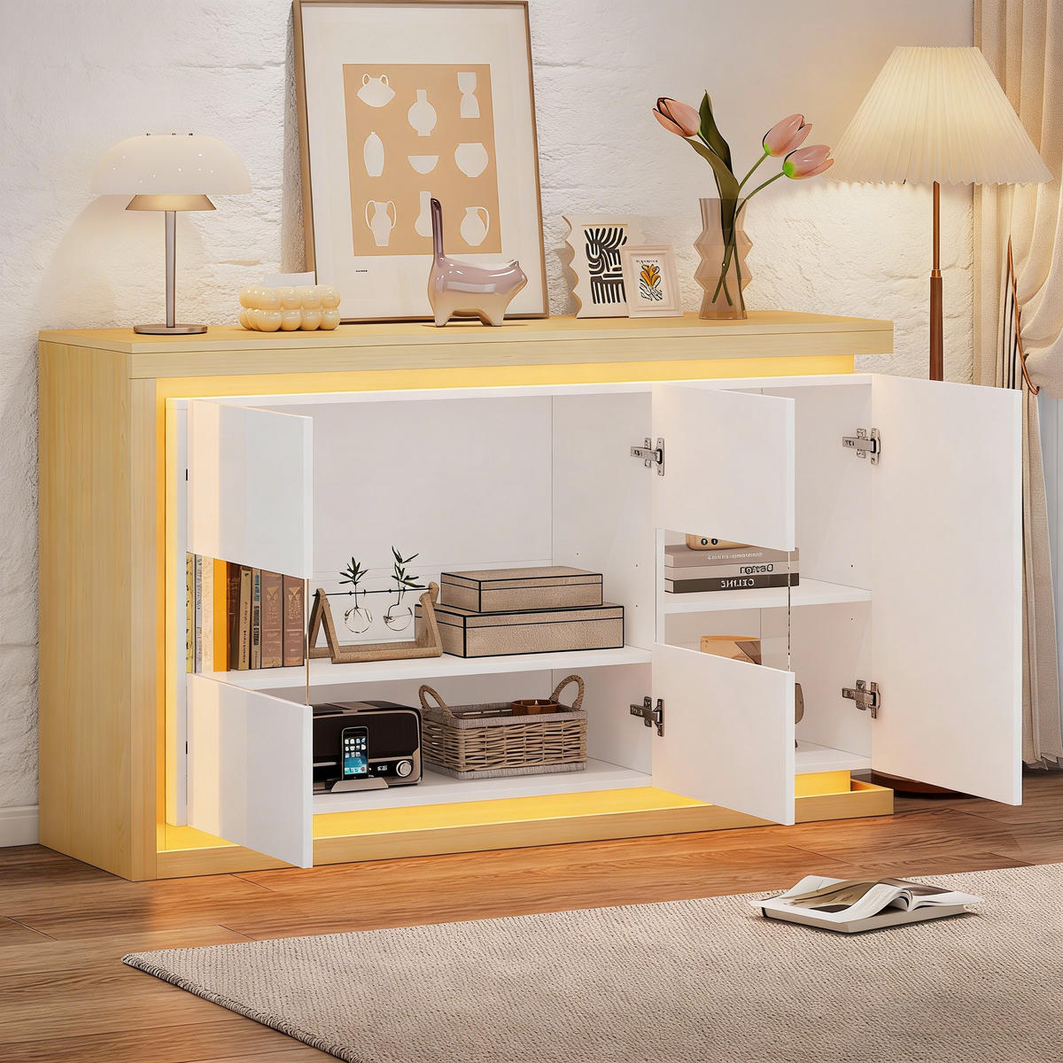 SIDEBOARD LED Hochglanz Glas 4 Fächer 140cm Modern Weiß - Weiß, Holzwerkstoff (140/84/40cm) - FLIEKS
