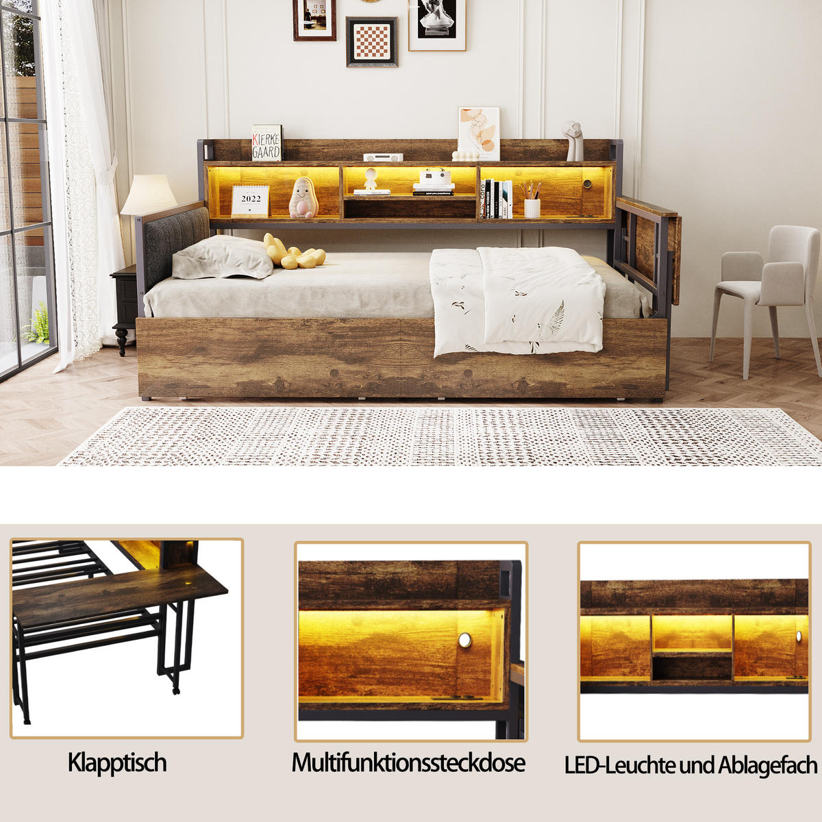 POLSTERBETT 90x200 Holz LED Schubladen Stauraum - Naturfarben, Metall (90/200cm) - FLIEKS