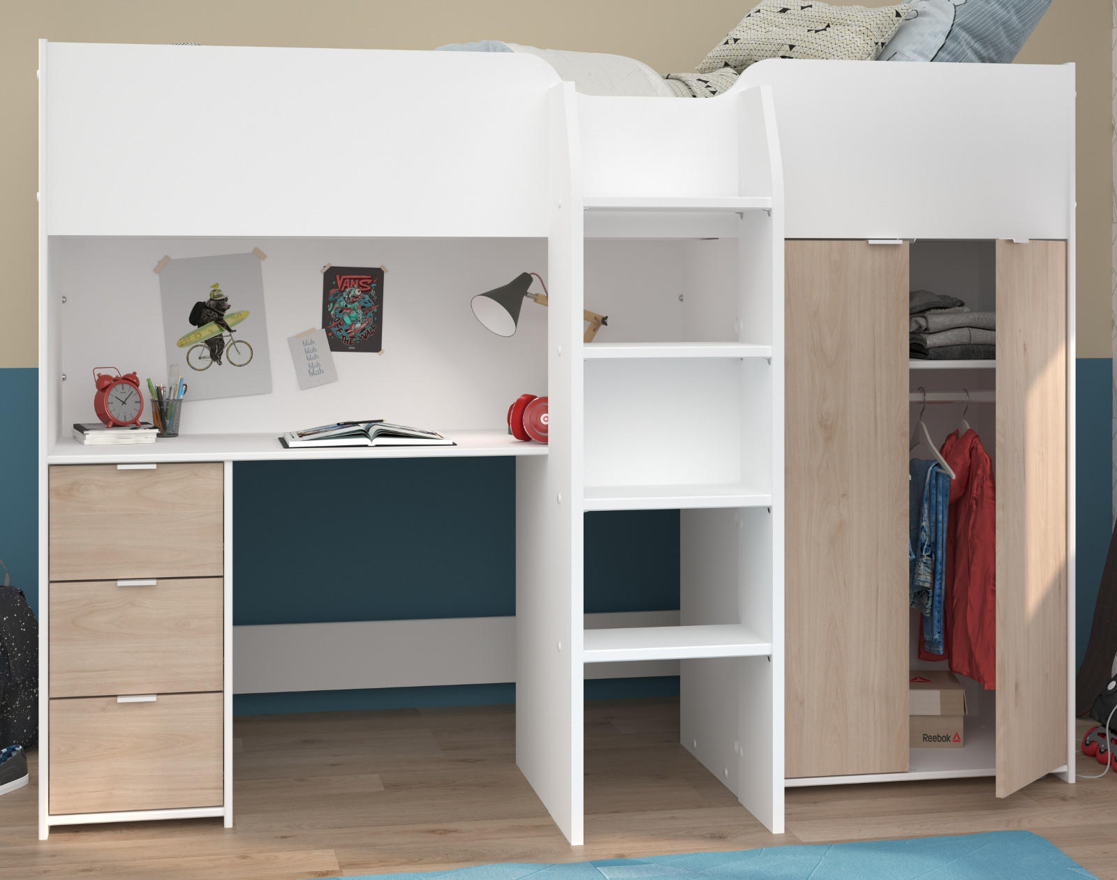 HOCHBETT mit Kleiderschrank und Schreibtisch Bett 90 x 200 cm - Eichefarben/Silberfarben, Holz/Holzwerkstoff (90/200cm) - Parisot Meuble