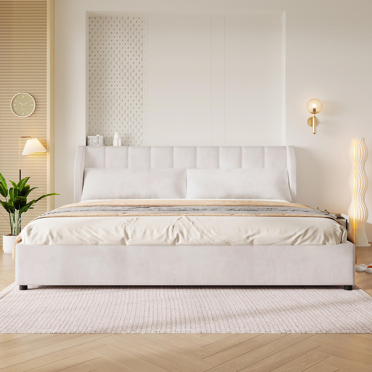 POLSTERBETT 180/200 cm in Beige mit gepolstertem Kopfteil, Lattenrost und Kissen aus Samt - Beige, Holzwerkstoff/Textil (180/200cm) - STILVORA