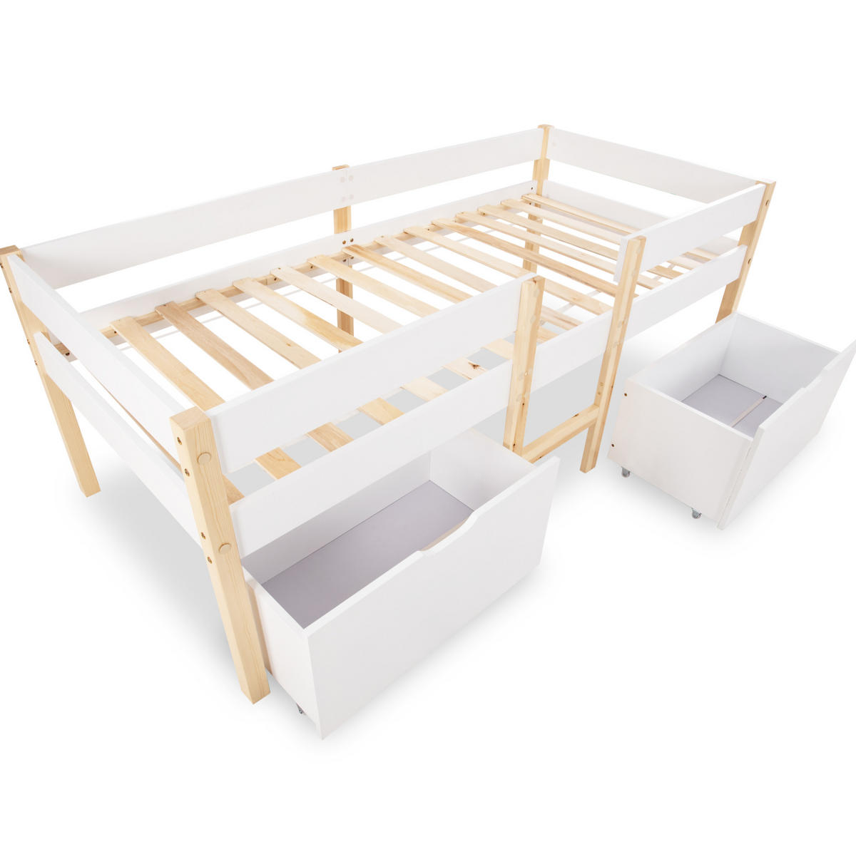 KINDERBETT 90/190 cm weiß Kiefernholz mit Schublade und Rausfallschutz - Weiß, Holz (90/190cm) - OKWISH