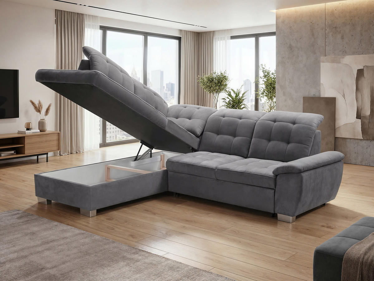 ECKSOFA LENO Links, mit Schlaffunktion und Bettkasten, Grau - Grau, Kunststoff/Textil (261/220cm) - Idohome