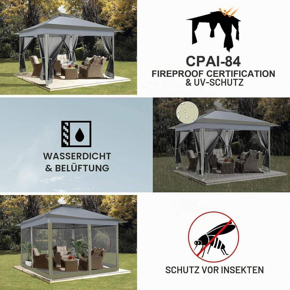 PAVILLON 3,65 x 3,65 m Dunkelgrau mit Moskitonetz - Grau, Textil (365/275/365cm)