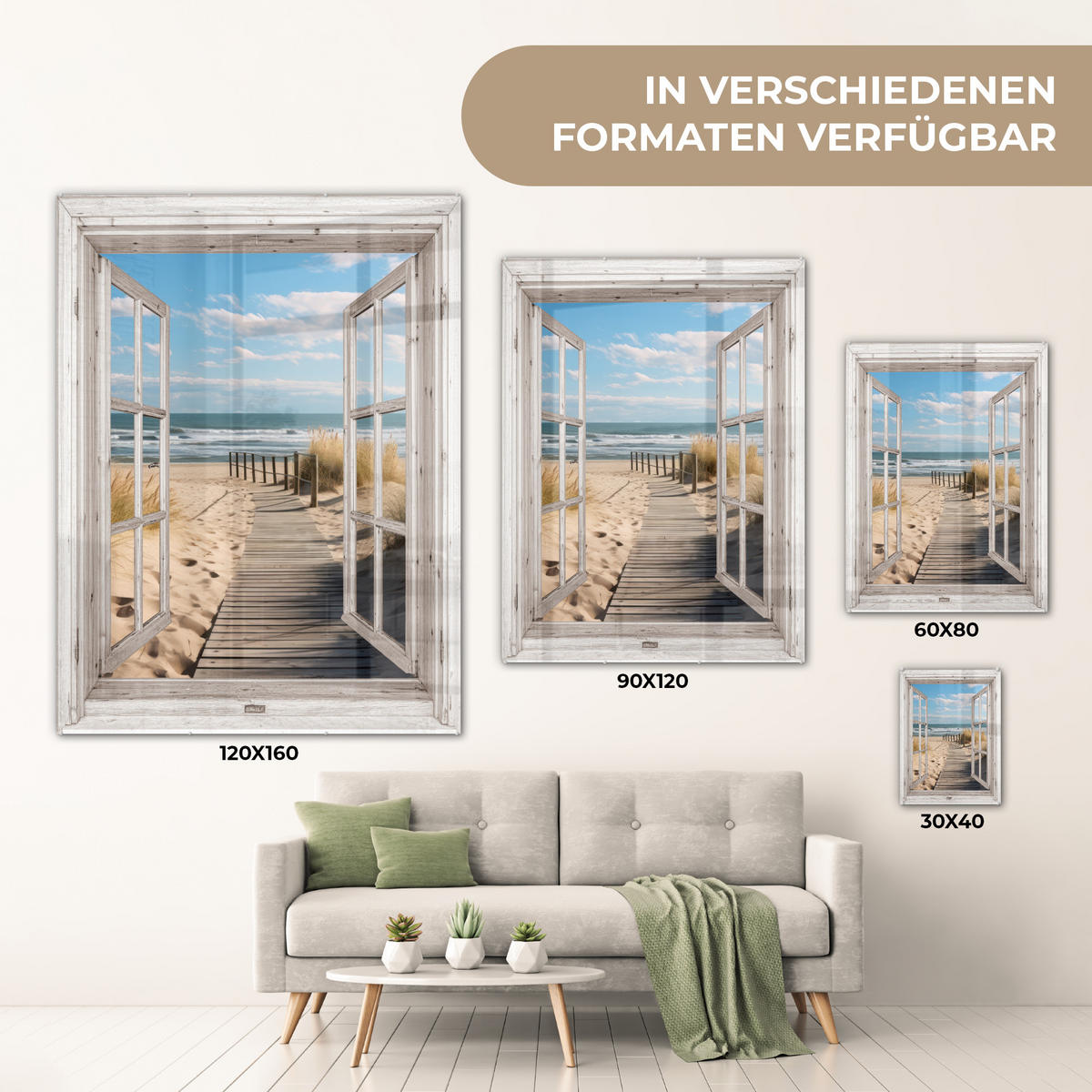 ACRYLGLASBILD Fenster - Meer - Küste - Natur - Ausblick - Strand - Wattenmeer 60x80 cm - Beige, Glas (60/80cm) - MuchoWow