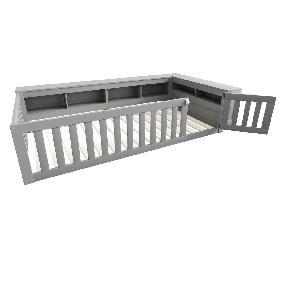 KINDERBETT Multifunktionales 90/200 cm Grau mit Staufächern und Sicherheitsgitter - Grau, Holz (90/200cm) - OKWISH