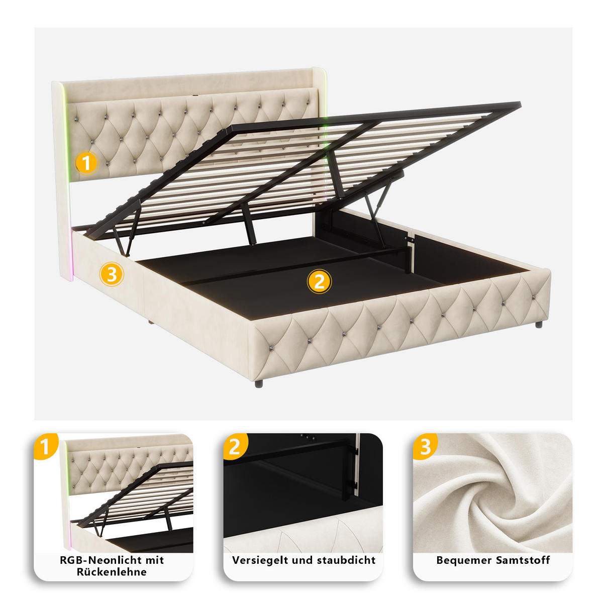 POLSTERBETT 160x200 cm in Beige mit LED-Beleuchtung und Stauraum aus Samt - Beige, Holz/Metall (160/200cm) - PARAFTA HOME