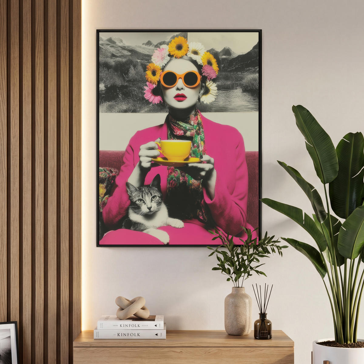 LEINWAND Bilder mit Rahmen - Frau - Katze - Blumen - Tasse - Retro - 70x100 - Magenta, Textil (70/100cm) - MuchoWow