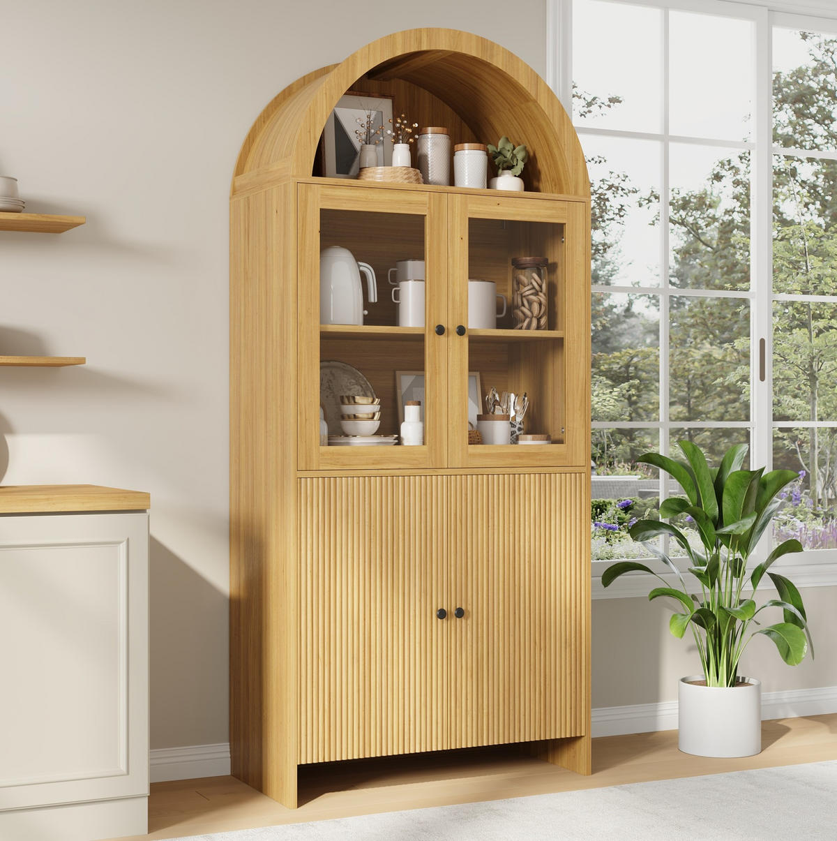 VITRINE 78/40/176 cm aus Holzwerkstoff mit Glastüren und Wellenfront Natur - Naturfarben, Holzwerkstoff (78/176/40cm) - Modenvie
