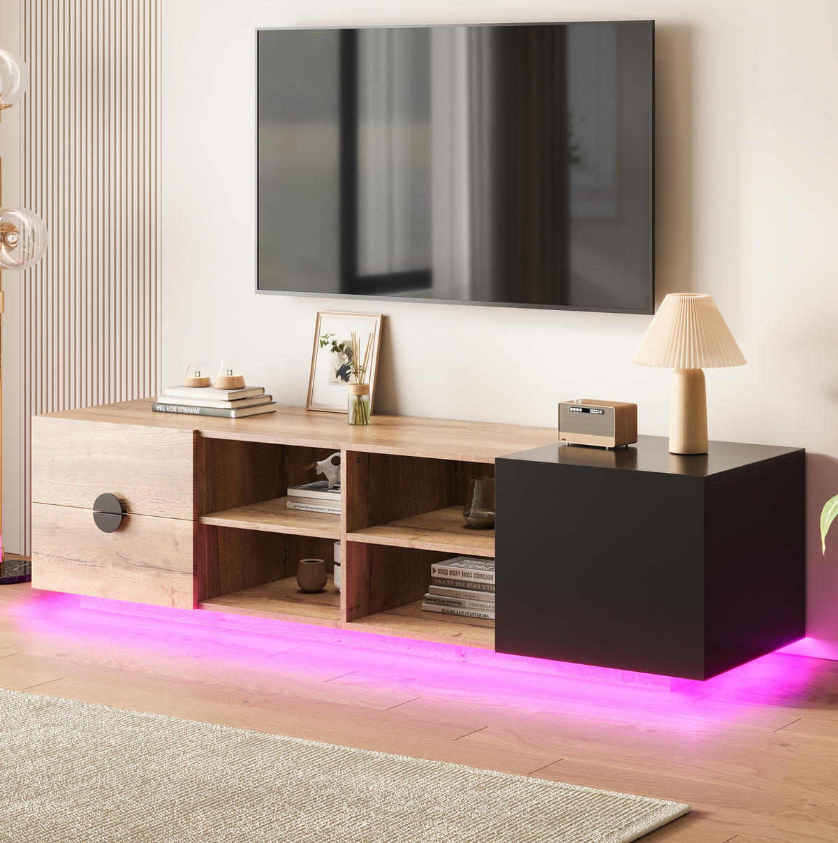 TV-SCHRANK 180/38,5/47 cm schwarz aus Holzwerkstoff mit LED - Schwarz, Holzwerkstoff (180/47/38.5cm) - OKWISH