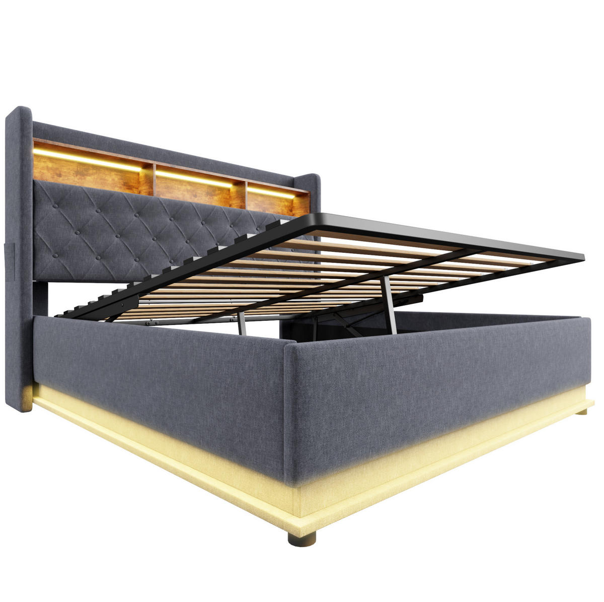 POLSTERBETT 160/200 cm Grau aus Leinenstoff mit Stauraum und USB-Anschluss - Grau, Textil (160/200cm) - OKMYHOME