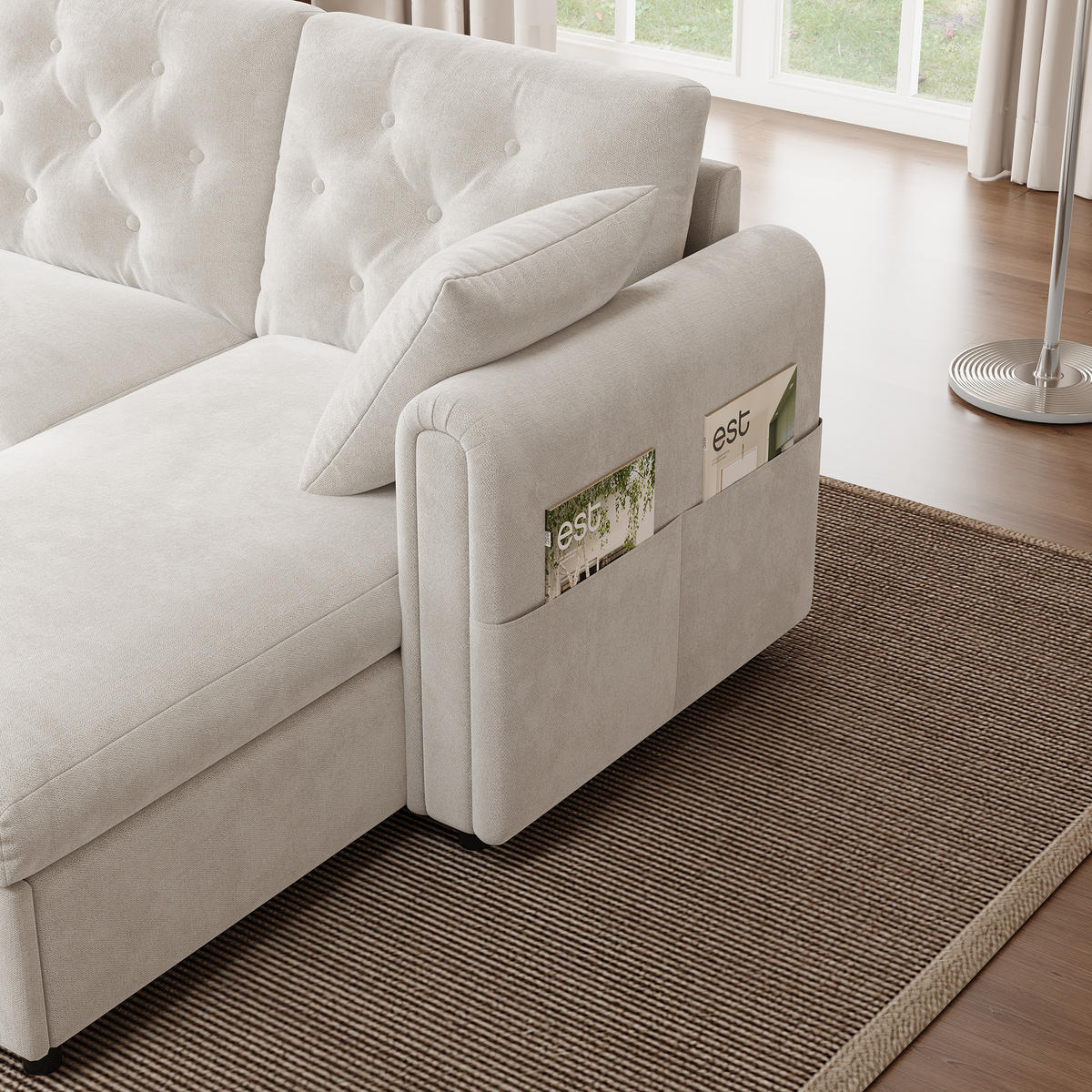 SOFA Beige L-Form Samt Stauraum Armlehne 281cm Knopfheftung - Beige, Textil (132/86/281cm) - FLIEKS