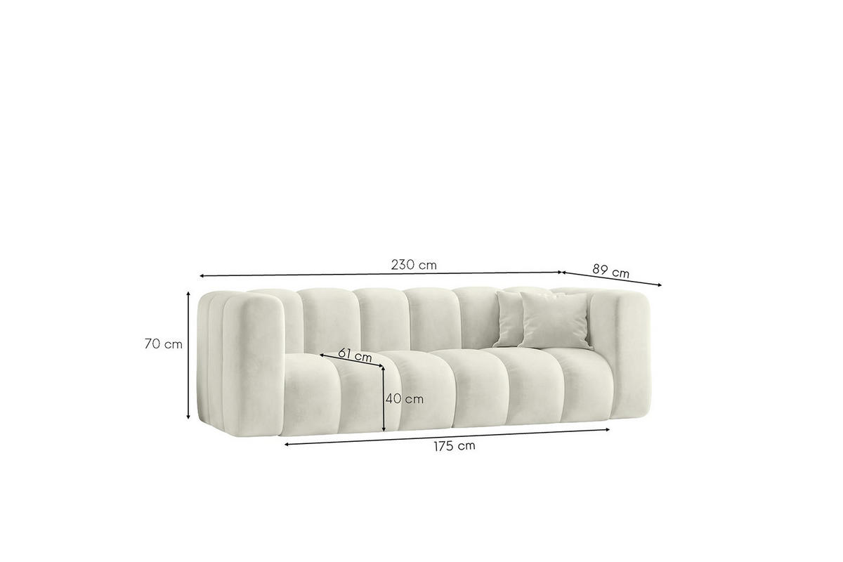 SOFA 3-Sitzer Modulares, Velvet-Stoff Riviera, Ecru, GRAND - Creme, Holz (230/70/89cm) - Kaiser Möbel