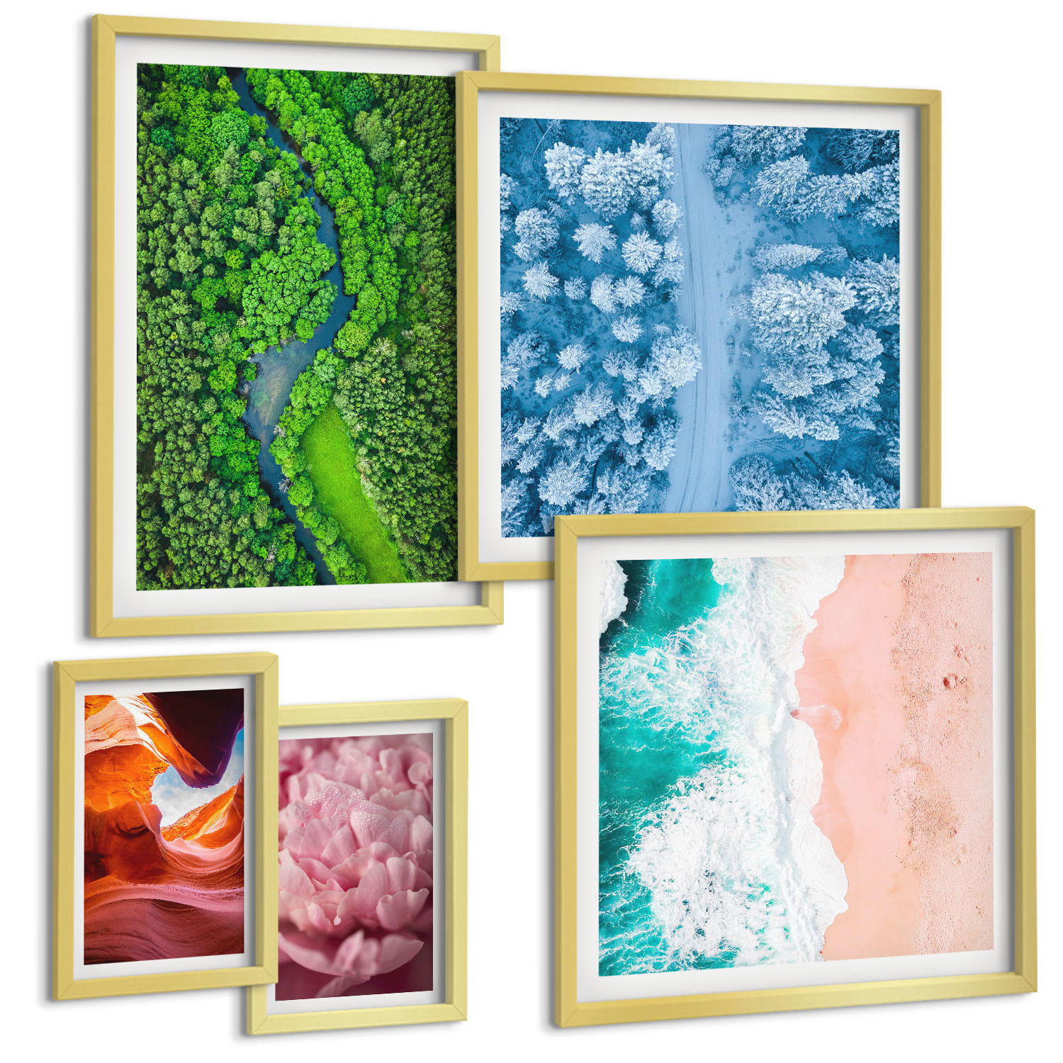 BILDER SET 5er Set - 50x50 cm & 20x30 cm & 40x60 cm Goldrahmen - Pferde, Bewegung, Strand, Leuchtturm, Berge - Goldfarben, Kunststoff (40/60cm) - TULUP