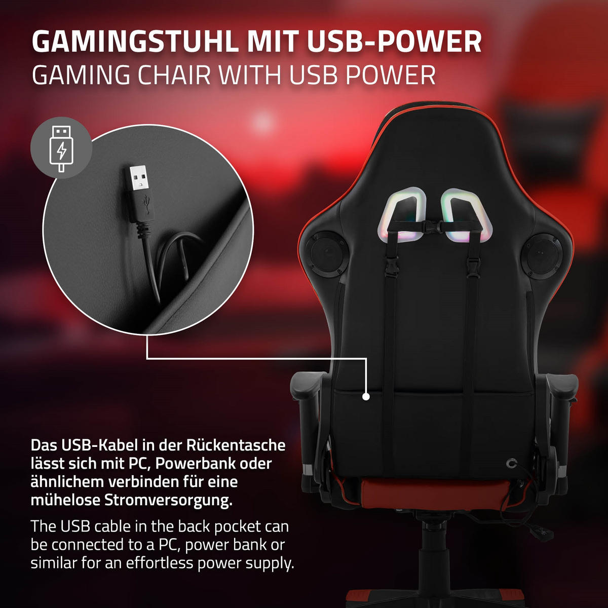 GAMINGSTUHL mit RGB Licht und Lautsprecher, Rot, aus Kunstleder - Rot/Schwarz, Kunststoff/Metall (72/133/72cm) - ML-DESIGN