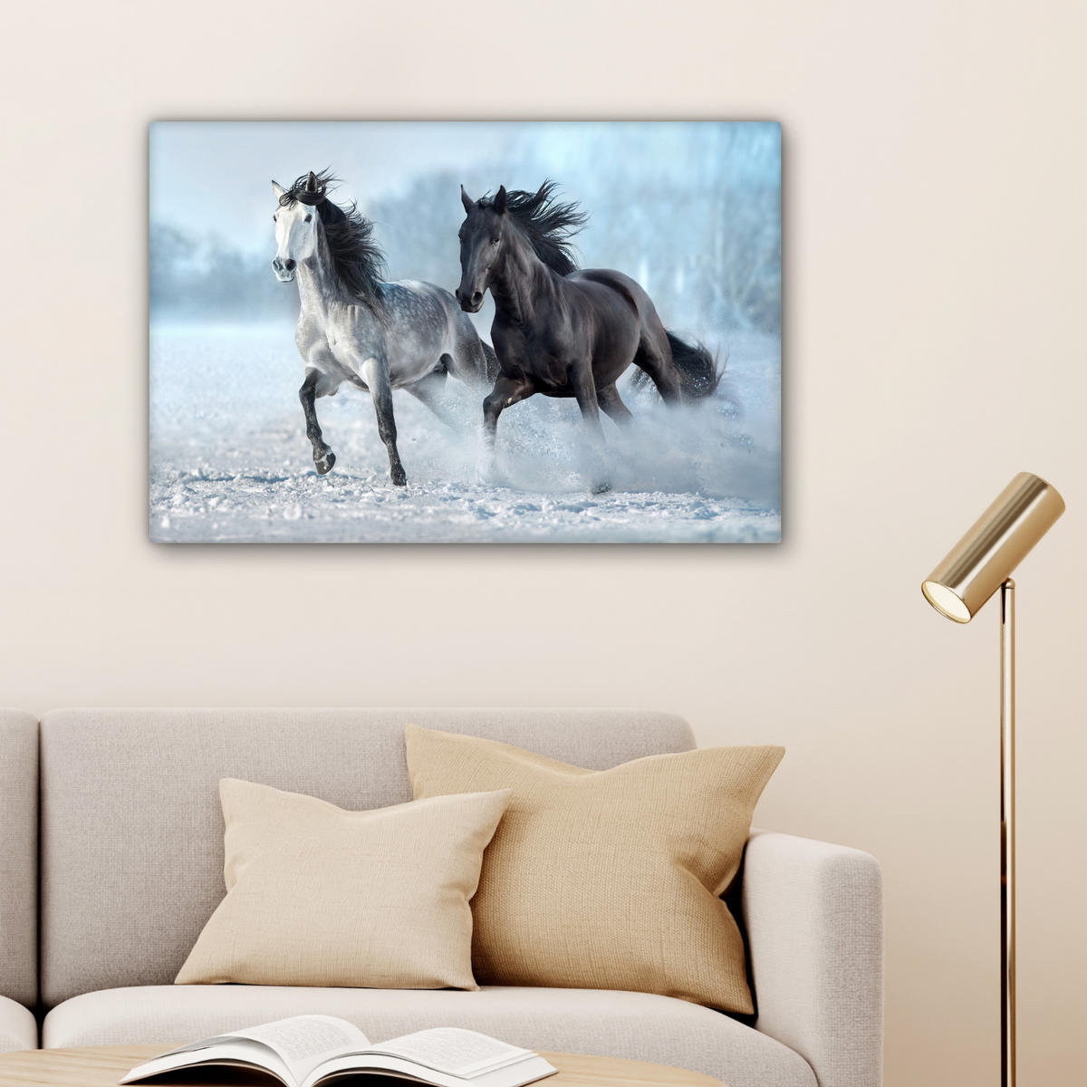 LEINWANDBILD Pferde - Winter - Tiere - Natur - Schnee Wanddeko 90x60 cm - Anthrazit, Textil (90/60cm) - MuchoWow