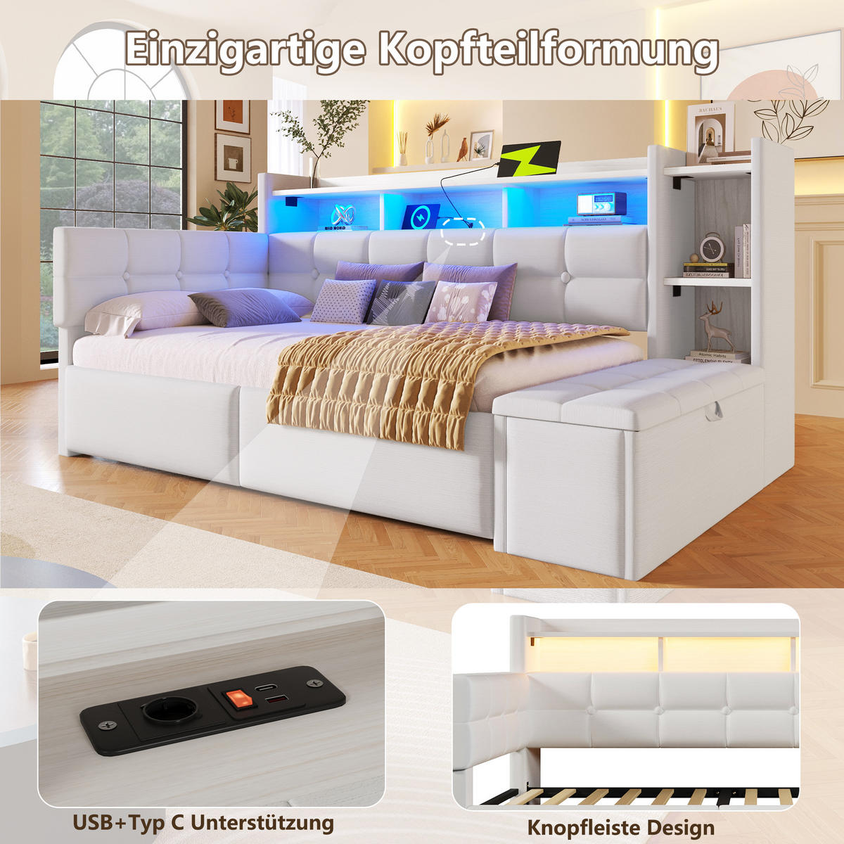 TAGEBETT 90x190cm Weiß Samt 2 Schubladen USB LED-Licht - Weiß, Holz (90/190cm) - FLIEKS