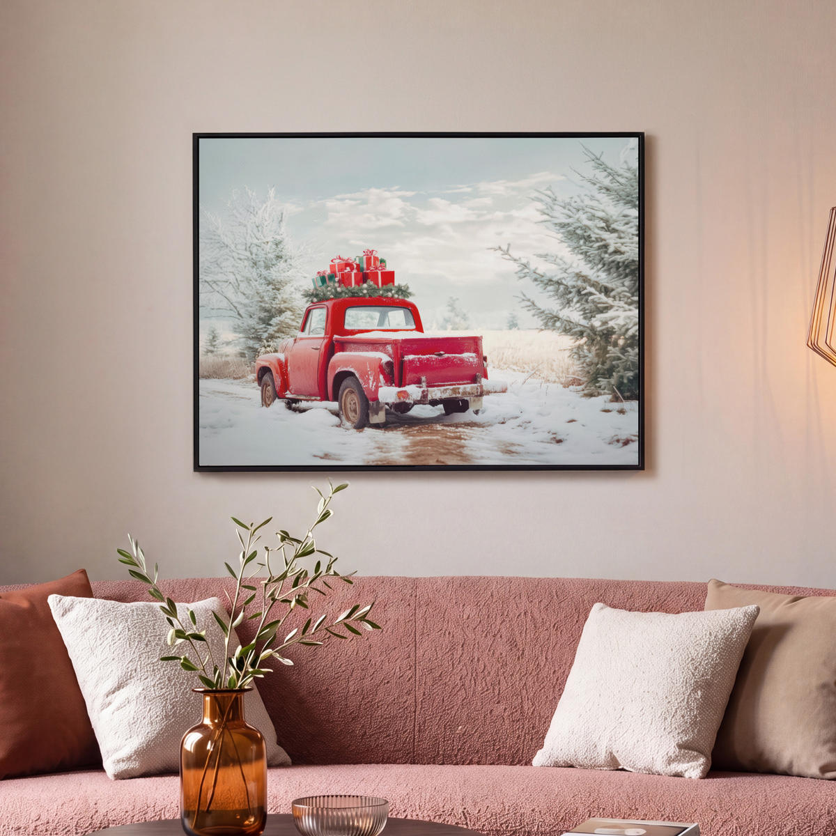 LEINWAND Bilder mit Rahmen - Auto - Rot - Geschenke - Winter - Schnee - Weihnachten - 80x60 - Rot, Textil (80/60cm) - MuchoWow