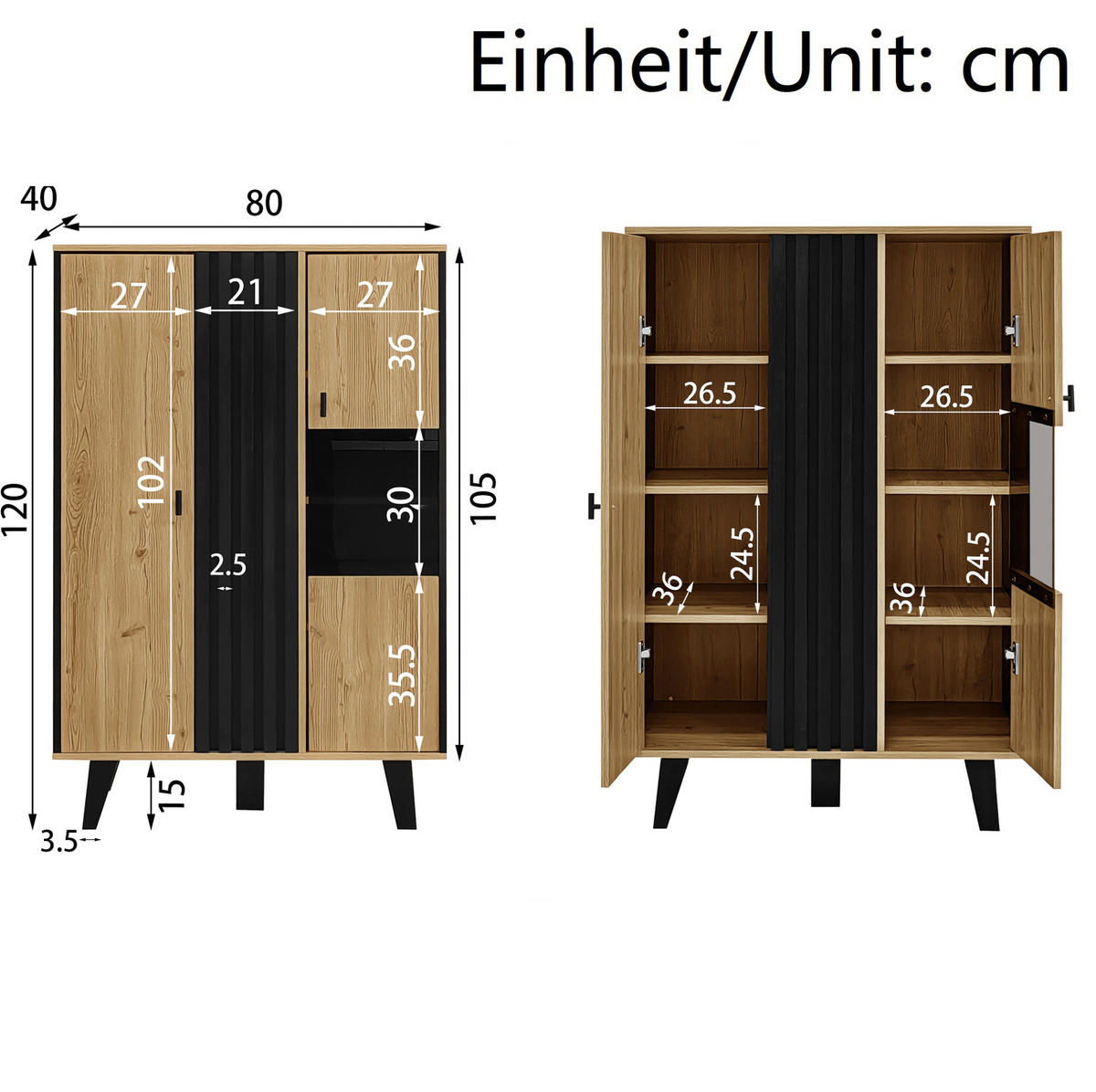 KOMMODE aus Spanplatte 80x120x40cm in Naturfarben mit LED & Glastüren - Naturfarben, Holzwerkstoff (80/120/40cm) - Modfu