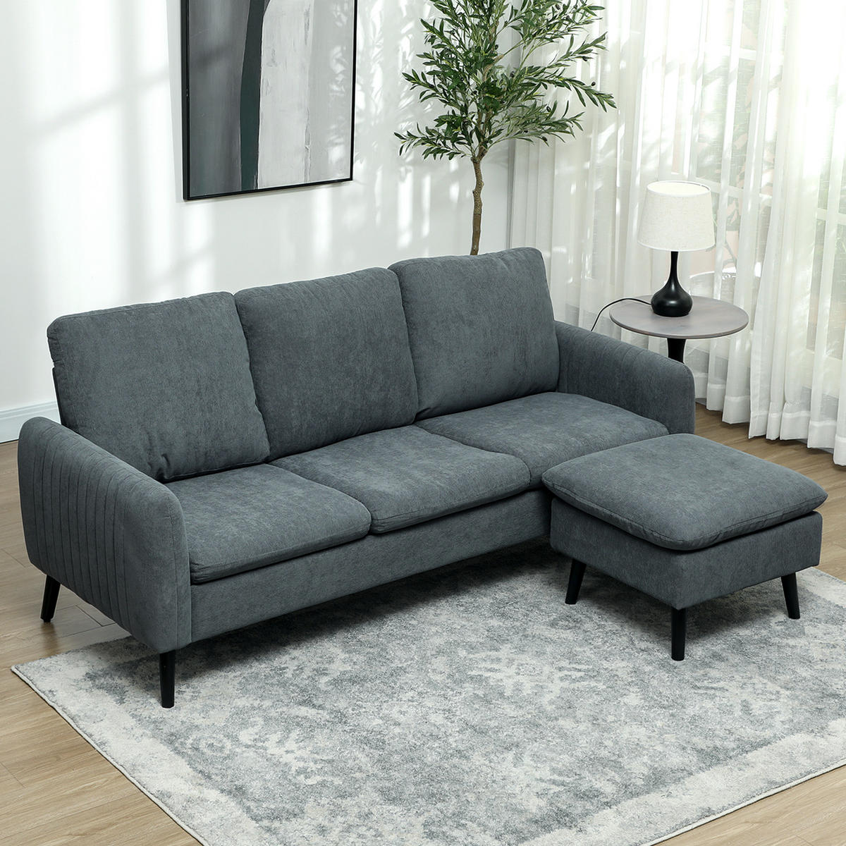 ECKSOFA mit Schlaffunktion Sofa mit Fußhocker, 3 Wurfkissen für Wohnzimmer - Dunkelgrau, Textil (140/196cm) - HOMCOM
