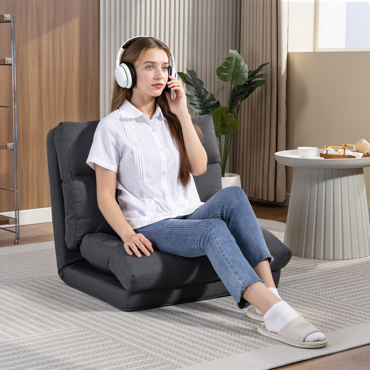 BODENSTUHL Bodensessel mit 6-Stufig Verstellbarer Rückenlehne für Wohnzimmer - Dunkelgrau, Textil/Metall (72/56/70cm) - HOMCOM