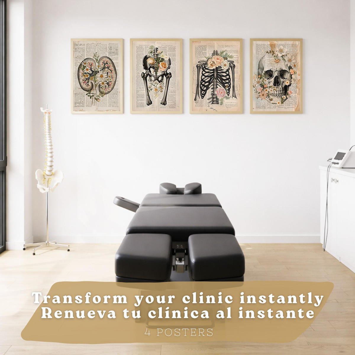 POSTER Set aus 4 Anatomie Drucke und mit Nieren Becken Knochen Hüfte Rippen Wirbelsäule Schädel Antiker Buch Stil Größe Leichter Holzrahmen A4 - Beige, Papier (21/29.7/3cm) - Nacnic