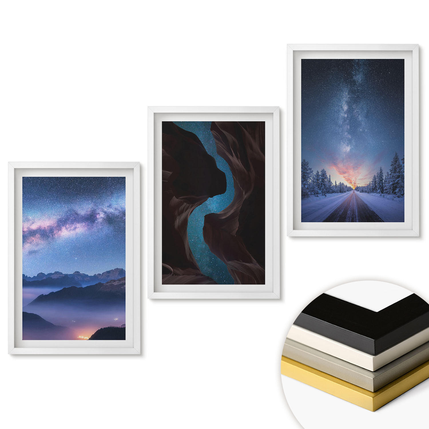 WANDBILDER 3er-Set - 40x60 cm Weißer Rahmen - Nachthimmel, Berge, Winterlandschaft - Weiß, Kunststoff (40/60cm) - ArtPrintCave