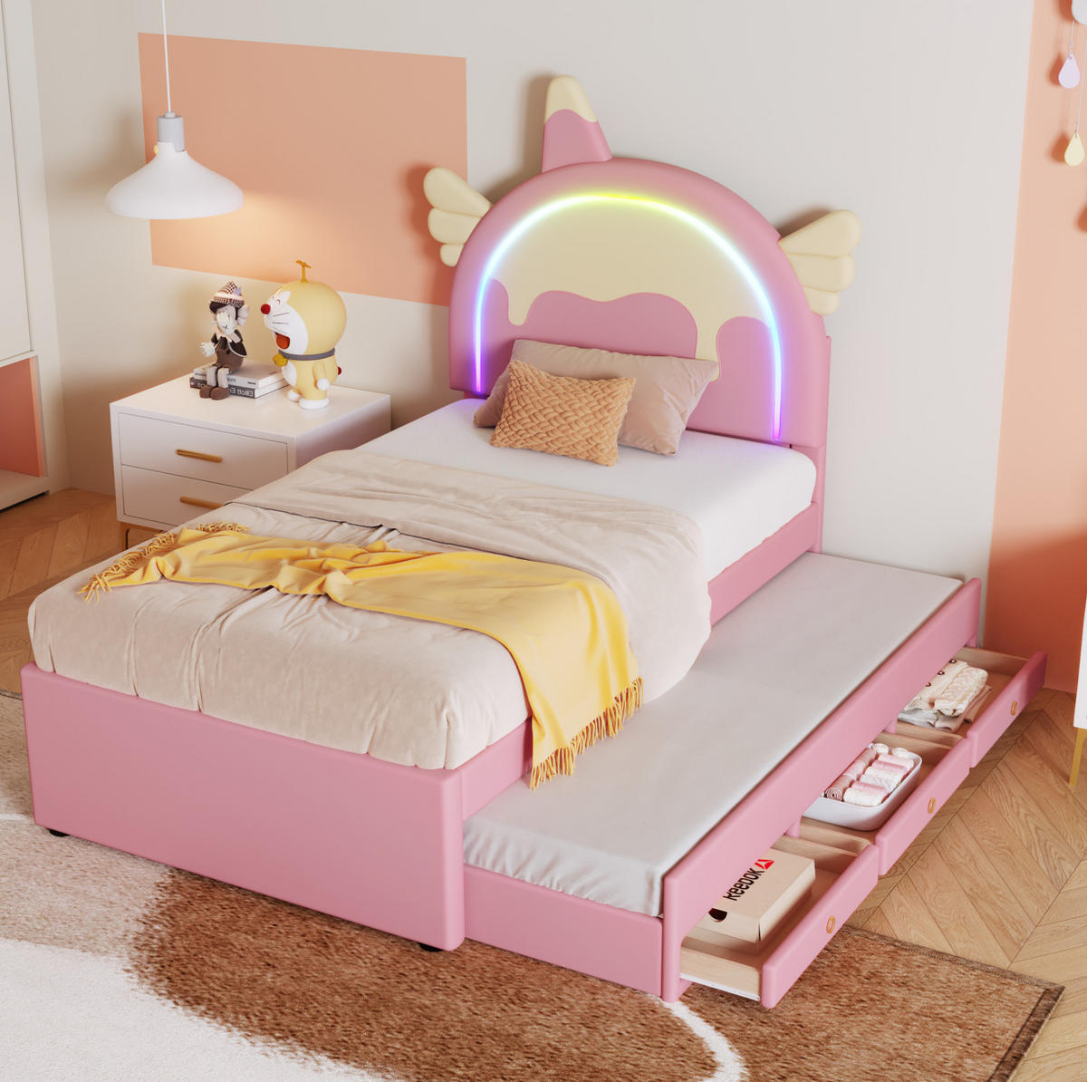 KINDERBETT 90/200 cm rosa aus PU und MDF mit ausziehbarem Rollbett - Pink, Kunststoff (90/200cm) - OKMYHOME