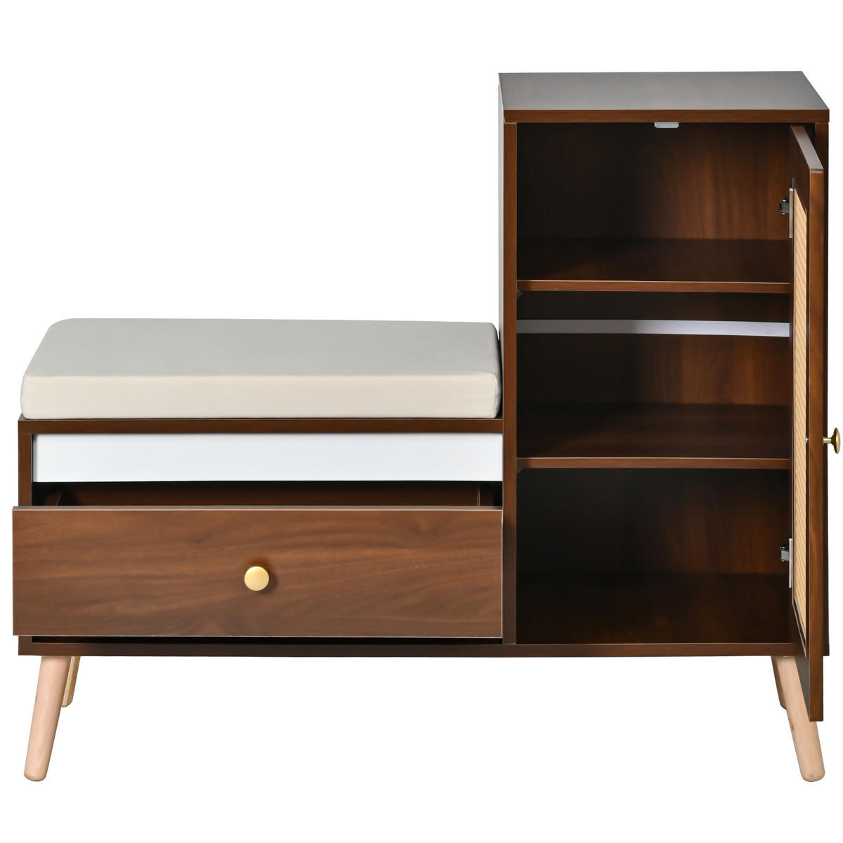 SCHUHSCHRANK in Holz-Optik – Schuhschrank mit Rattan-Tür & Sitzkissen - Walnussfarben, Holzwerkstoff (95.5/80.5/35cm) - Urban Meuble