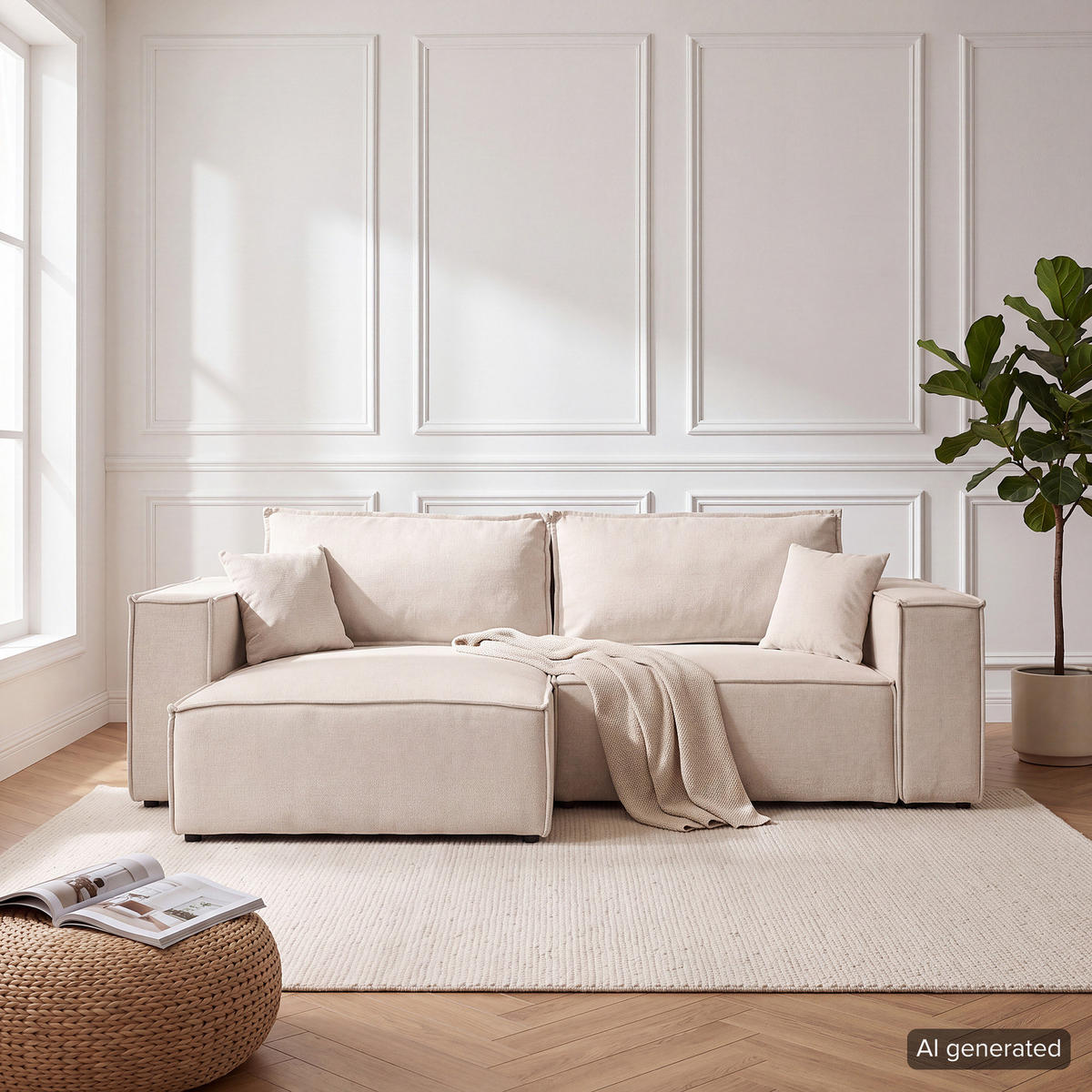 ECKSOFA mit Schlaffunktion - 255 cm - Beige/Schwarz, Kunststoff/Textil (255/148cm) - home24