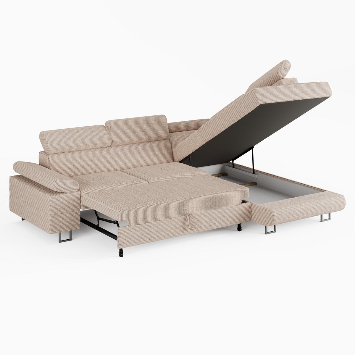 ECKSOFA CAROLINE Rechts Rosa Cord-Stoff L-Form Couch mit Schlaffunktion & Bettkasten - Chromfarben/Pink, Textil (190/253cm)