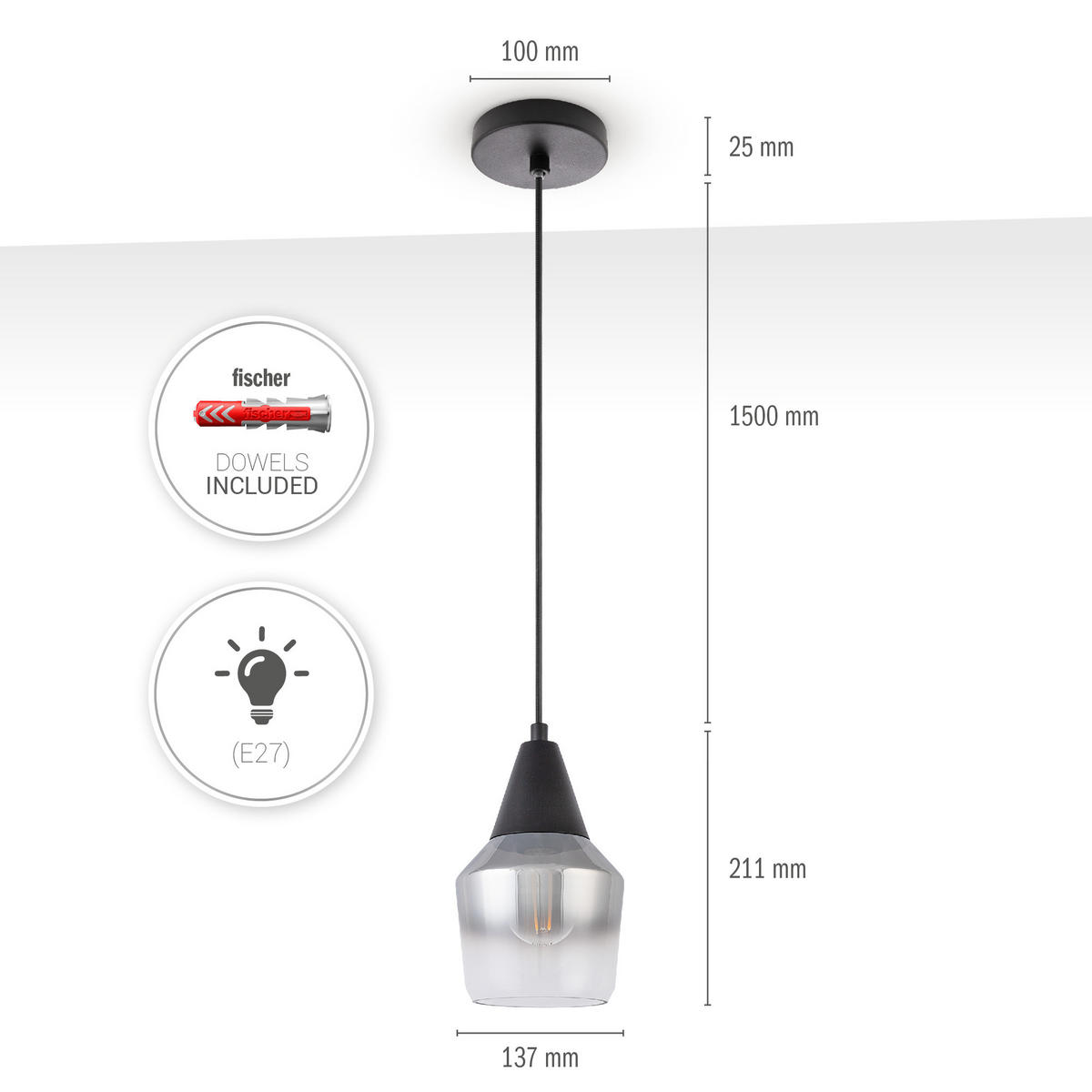 PENDELLEUCHTE Diana - Chromfarben/Schwarz, Metall (13.7/13.7/21.1cm) - Paco Home