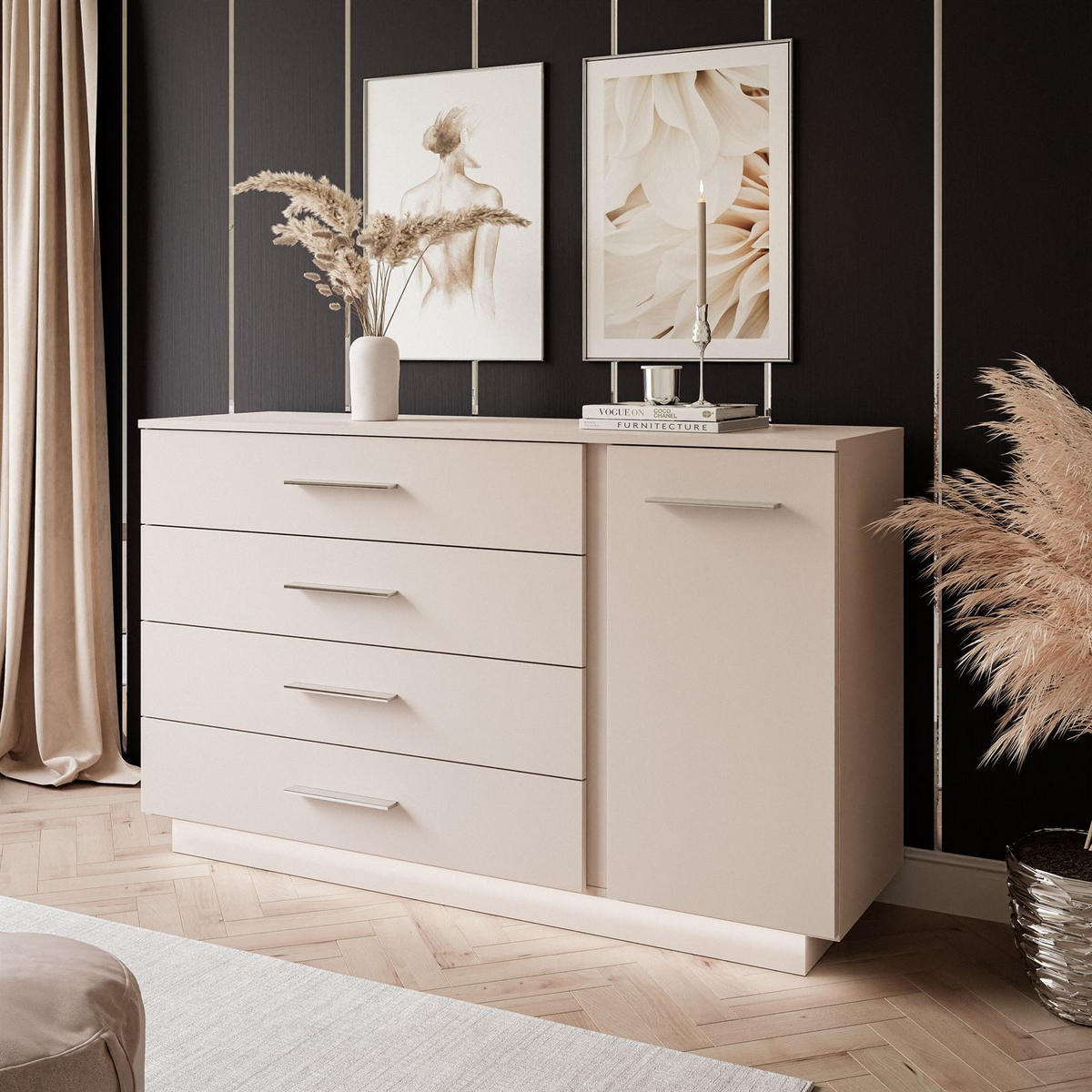 KOMMODE LINA KASCHMIR II 1D4S mit LED-Beleuchtung Griffe Silberchrom - Kaschmir/Silberfarben, Holzwerkstoff (138/84/40cm) - Lookway