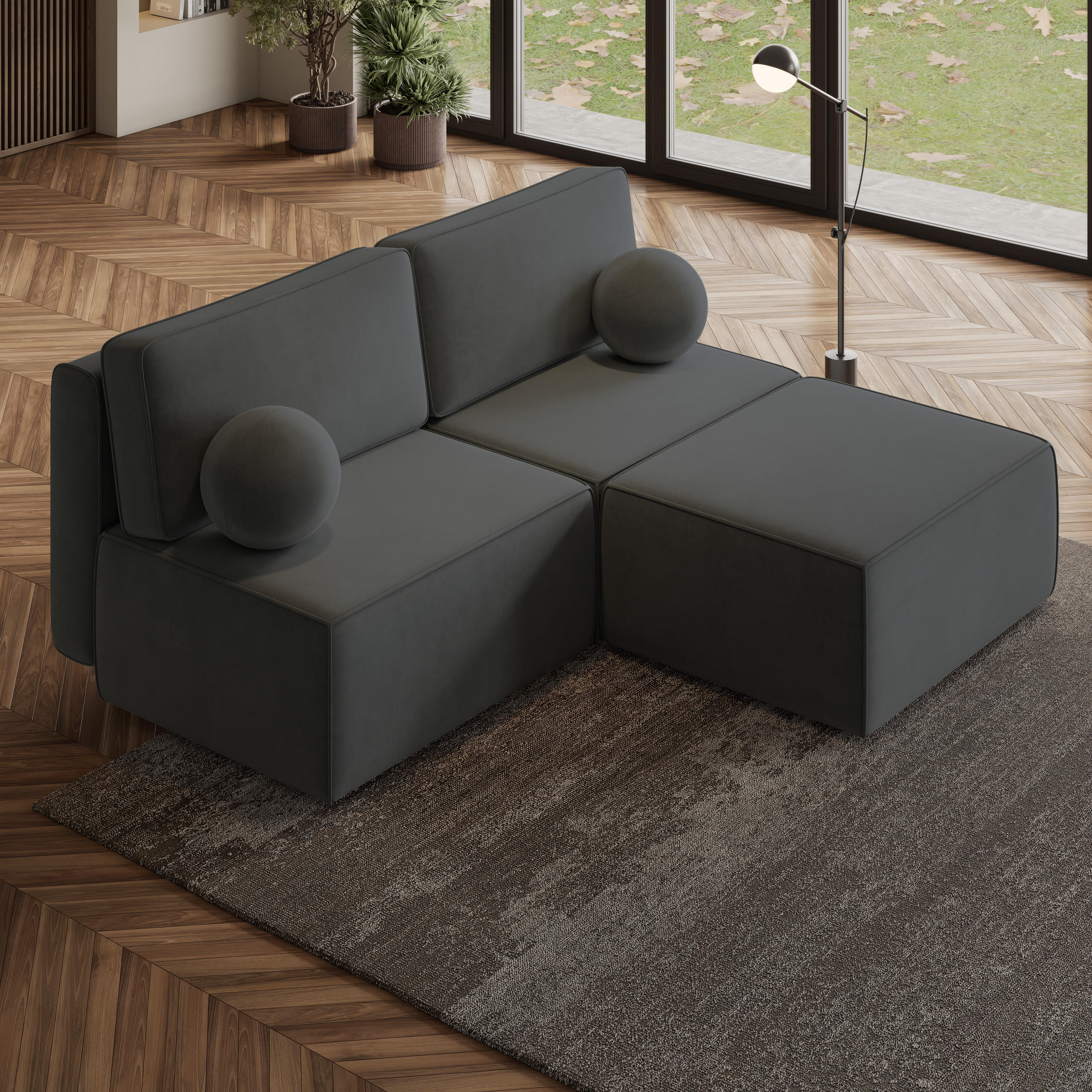 ECKSOFA VARNA M Schwarz Velours-Stoff mit Schlaffunktion - Schwarz, Holz (196/158cm) - MASSENO