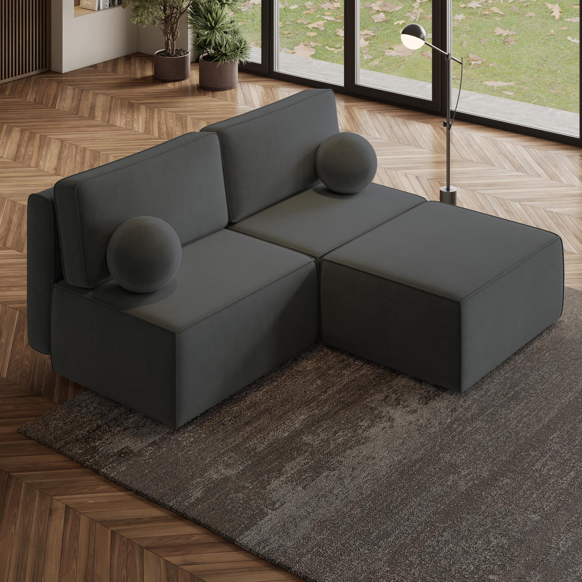 ECKSOFA VARNA M Schwarz Velours-Stoff mit Schlaffunktion - Schwarz, Holz (196/158cm) - MASSENO