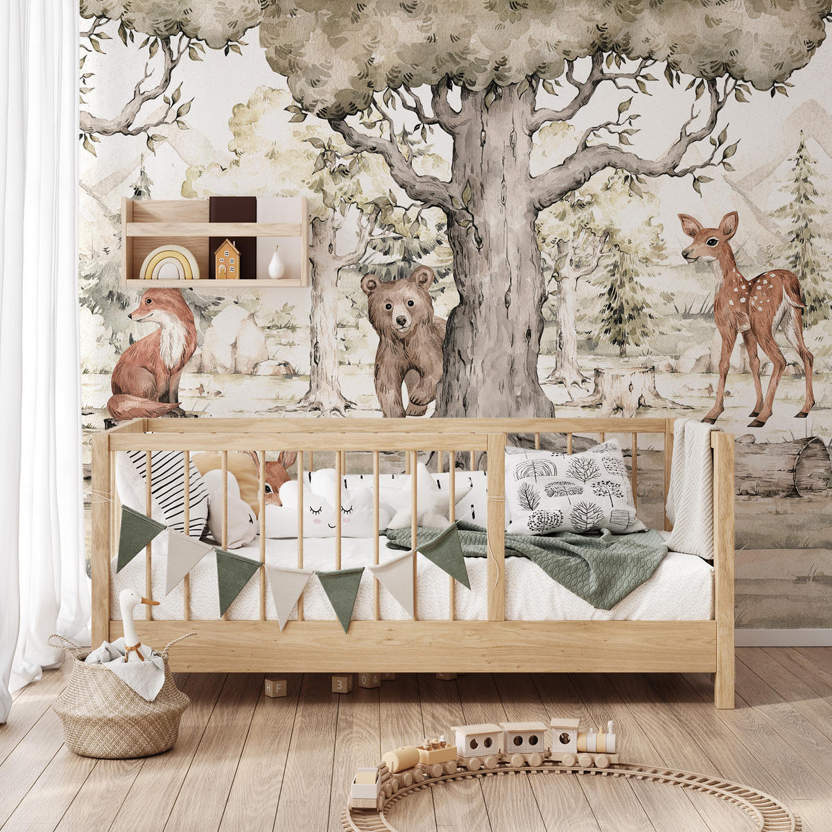 FOTOTAPETE für Kinderzimmer Waldtiere Aquarell Bär Fuchs Reh Bäume 300x210 - Beige/Orange, Papier (300/210cm) - Muralo