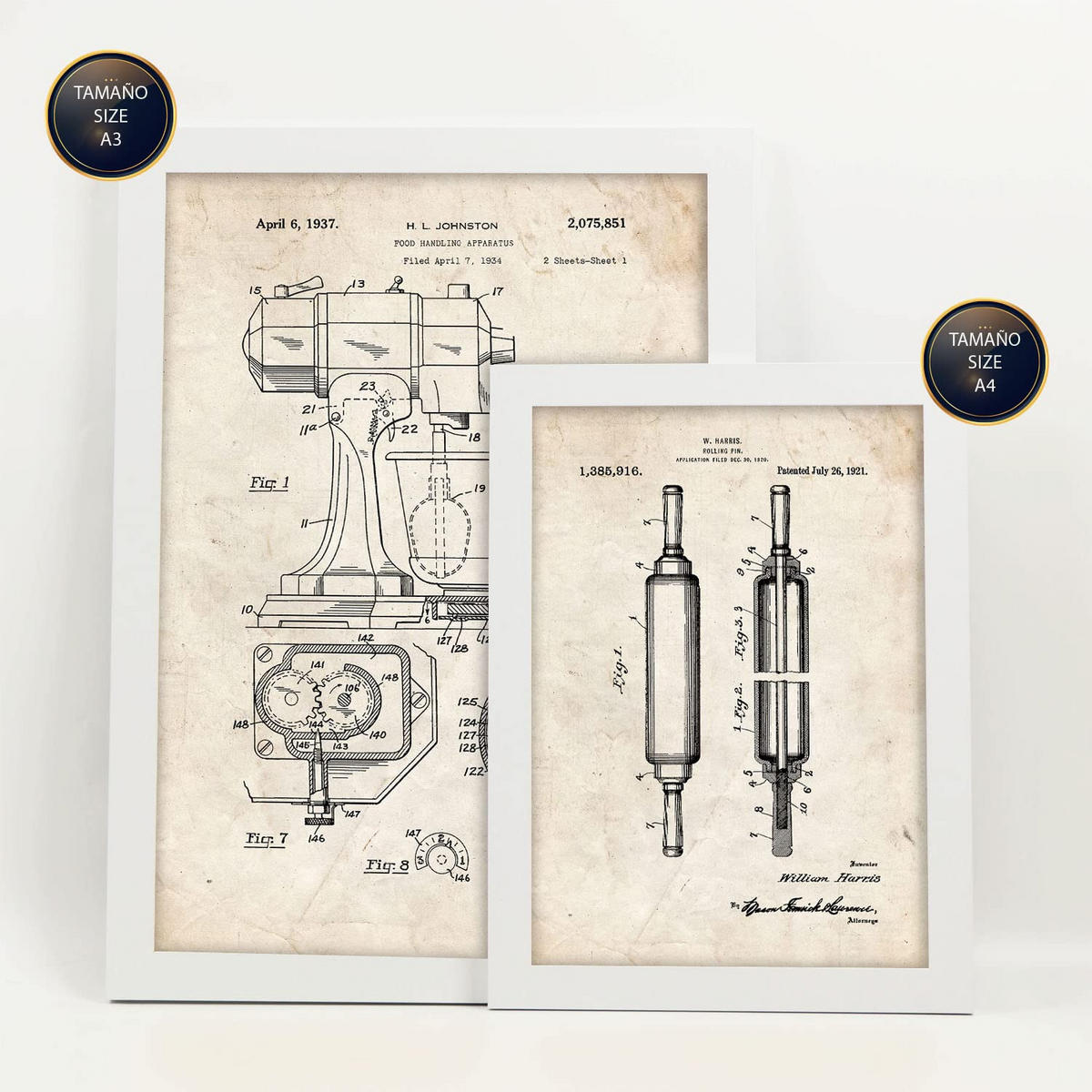 POSTER Set Mit 6 Plakaten Mit Küchengeräte Patenten Im Vintage Stil A3 & A4 Weißer Rahmen - Weiß, Papier (29/3cm) - Nacnic