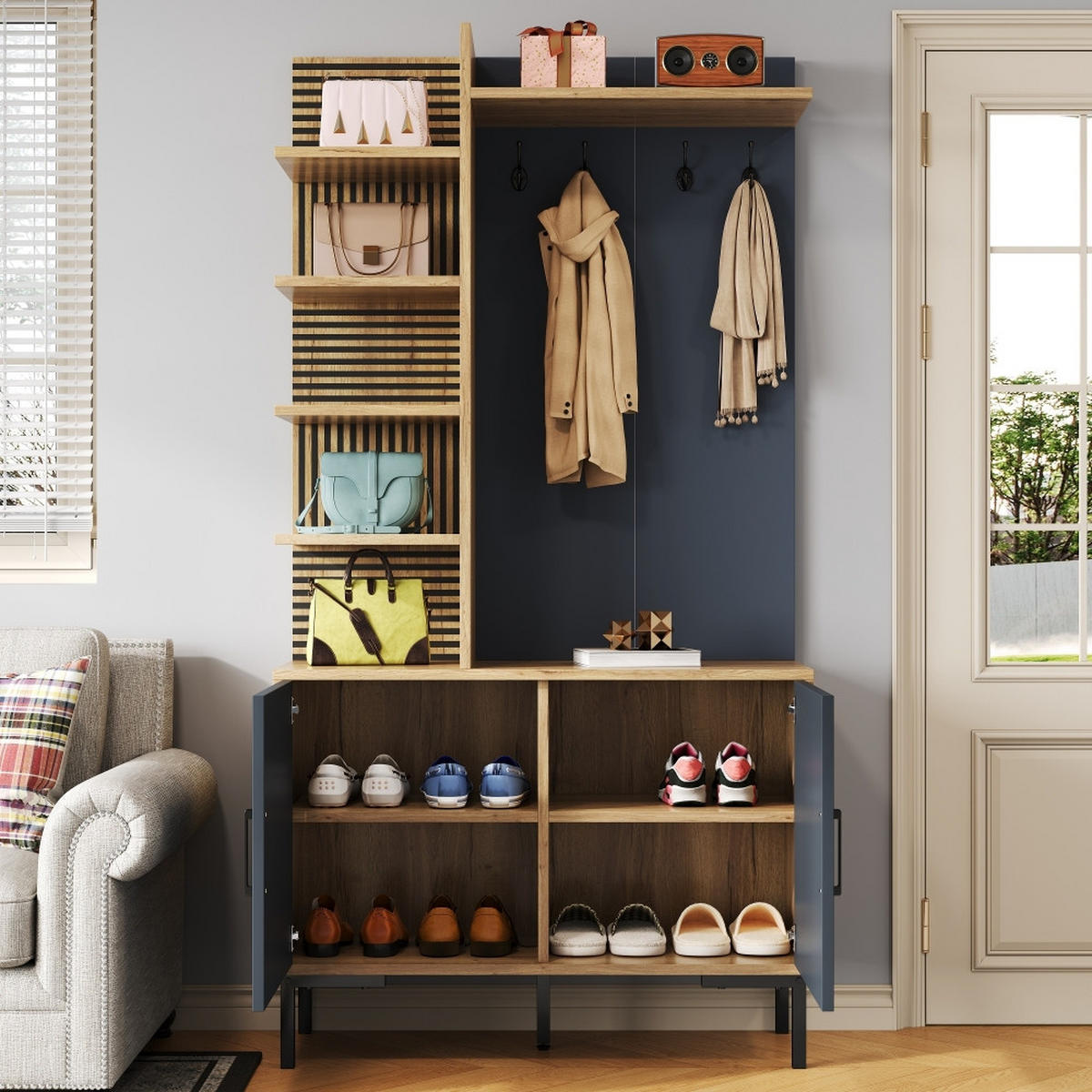 KÜCHENSCHRANK MIT SCHUHFACH UND HAKEN Holz/Schwarz Industrie-Look 100/190,5/40 cm - Naturfarben, Kunststoff (40/190.05/100cm) - Rolipo