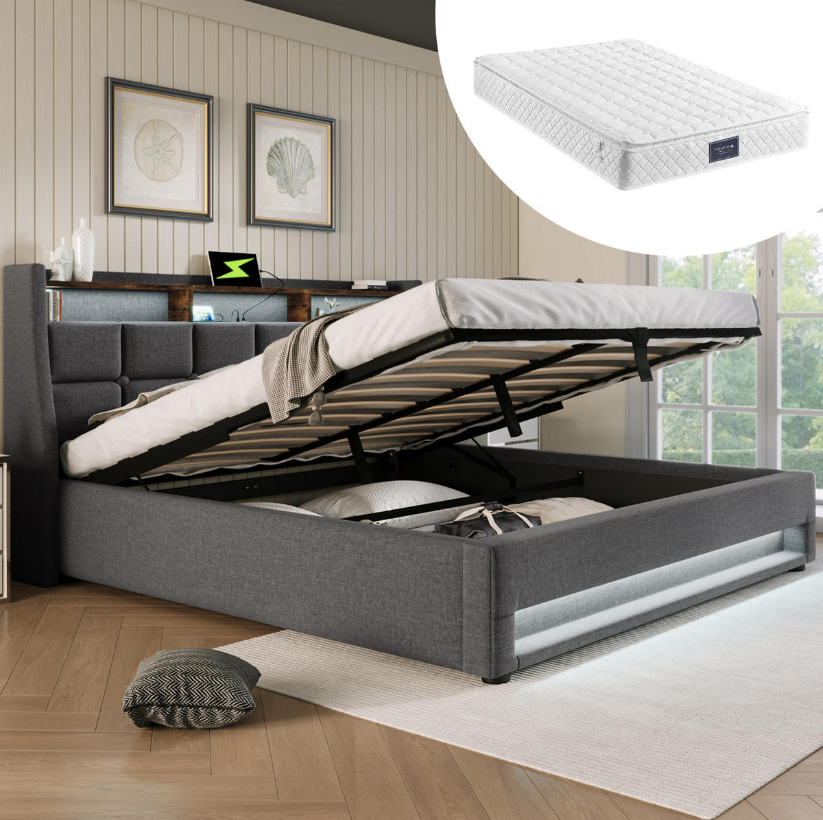 POLSTERBETT 160/200 cm Grau mit LED-Beleuchtung und USB-Anschlüssen mit Matratze - Grau, Textil (160/200cm) - OKWISH