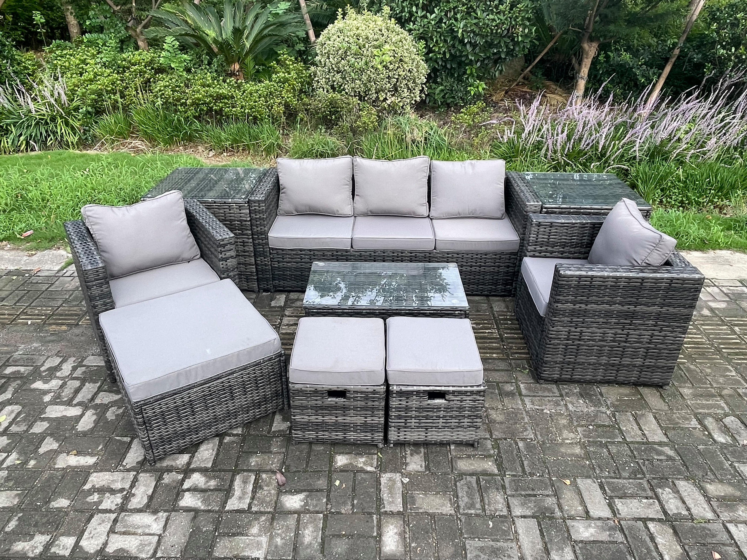 GARTENSOFA SET Polyrattan Dunkelgrau 8-Sitzer - Dunkelgrau, Metall - Fimous