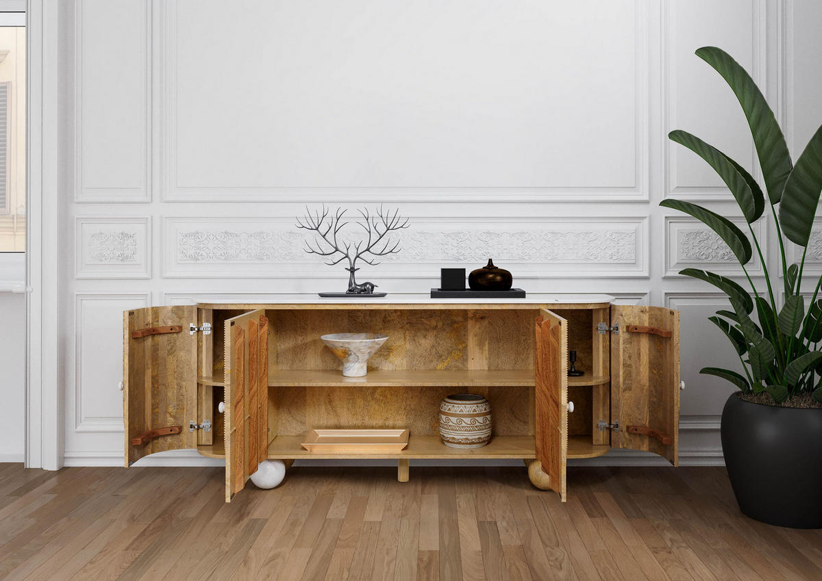 SIDEBOARD Mango 180x40x80 natur lackiert / Marmor weiß FLORENZ #121 - Braun, Holz (180/80/40cm) - Massivmoebel24