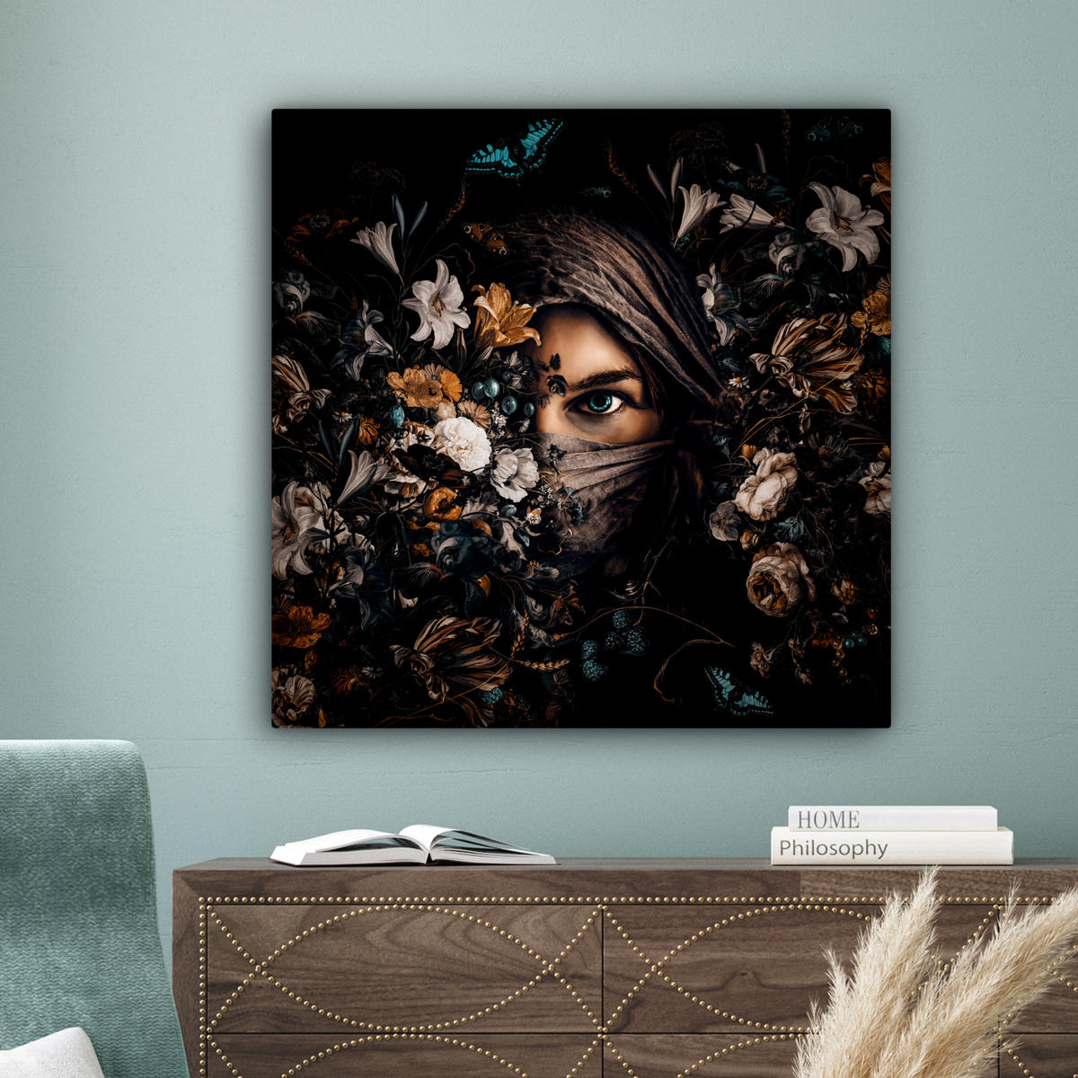 LEINWANDBILD Frau - Luxus - Blumen - Schmetterling - Porträt 90x90 cm - Schwarz, Textil (90/90cm) - MuchoWow