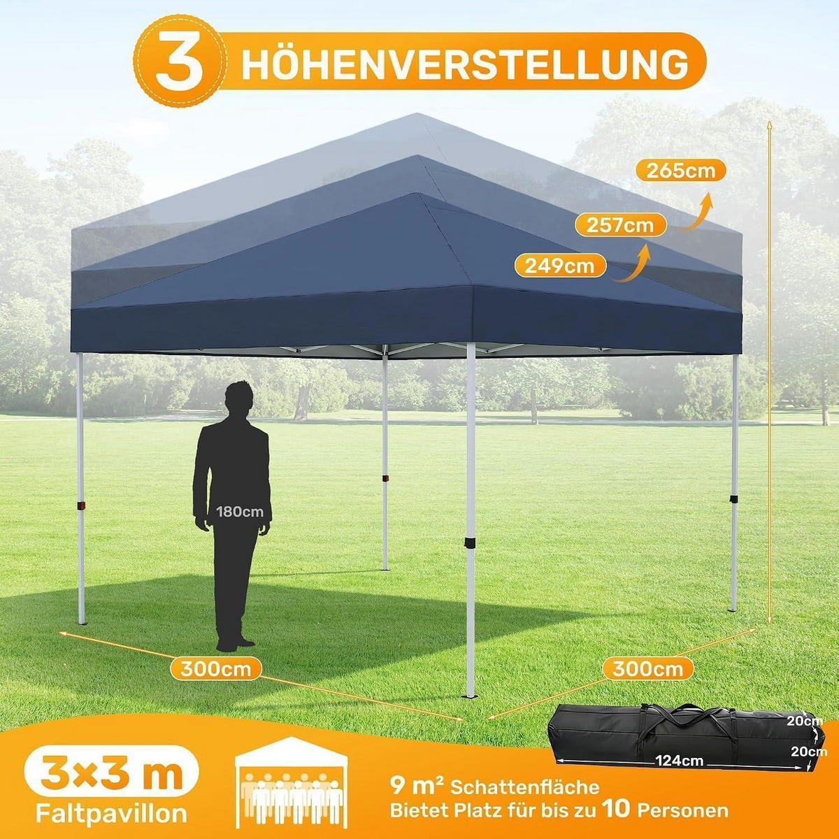 GARTENPAVILLON 300 x 300 cm Wasserdicht UV-Schutz 50+ Blau - Blau, Textil (300/265/300cm)